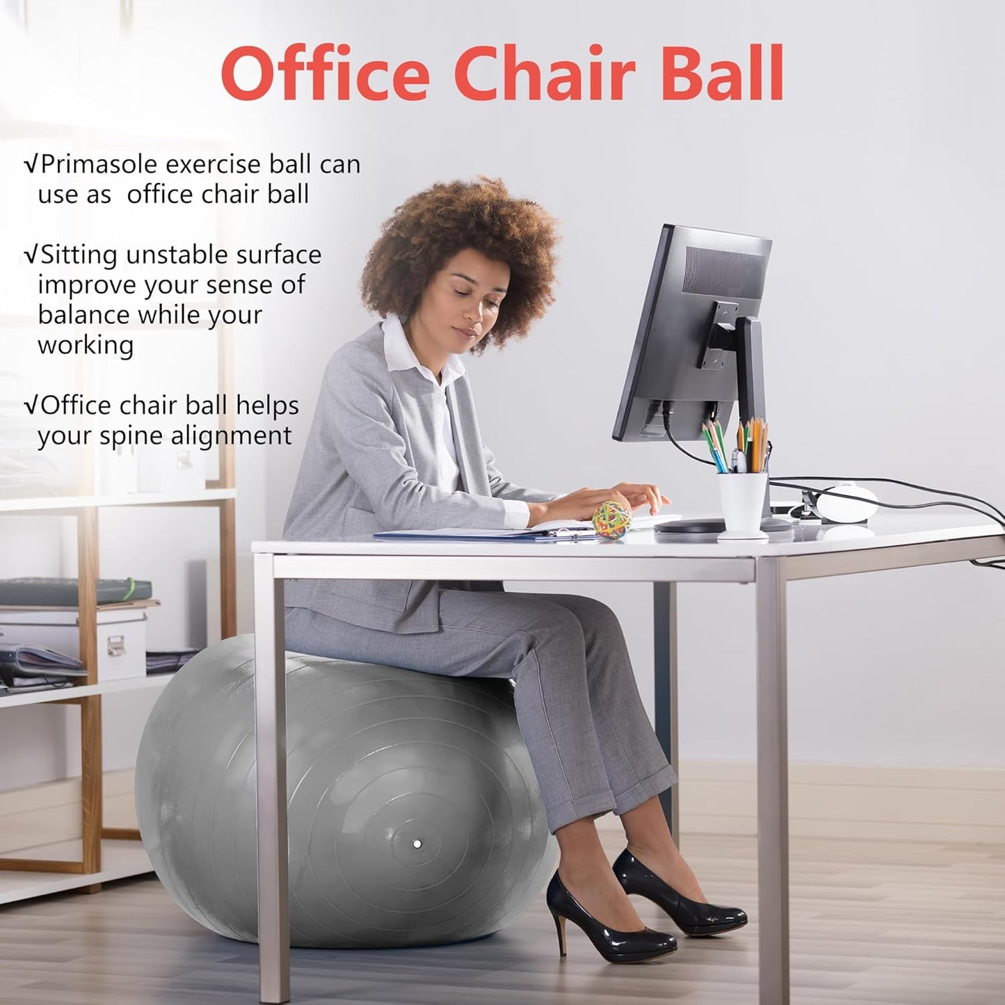 Exercise Ball for Balance Stability Fitness Workout Yoga Pilates at Home Office & Gym Birthing Ball for Pregnancy, Office Ball Chair