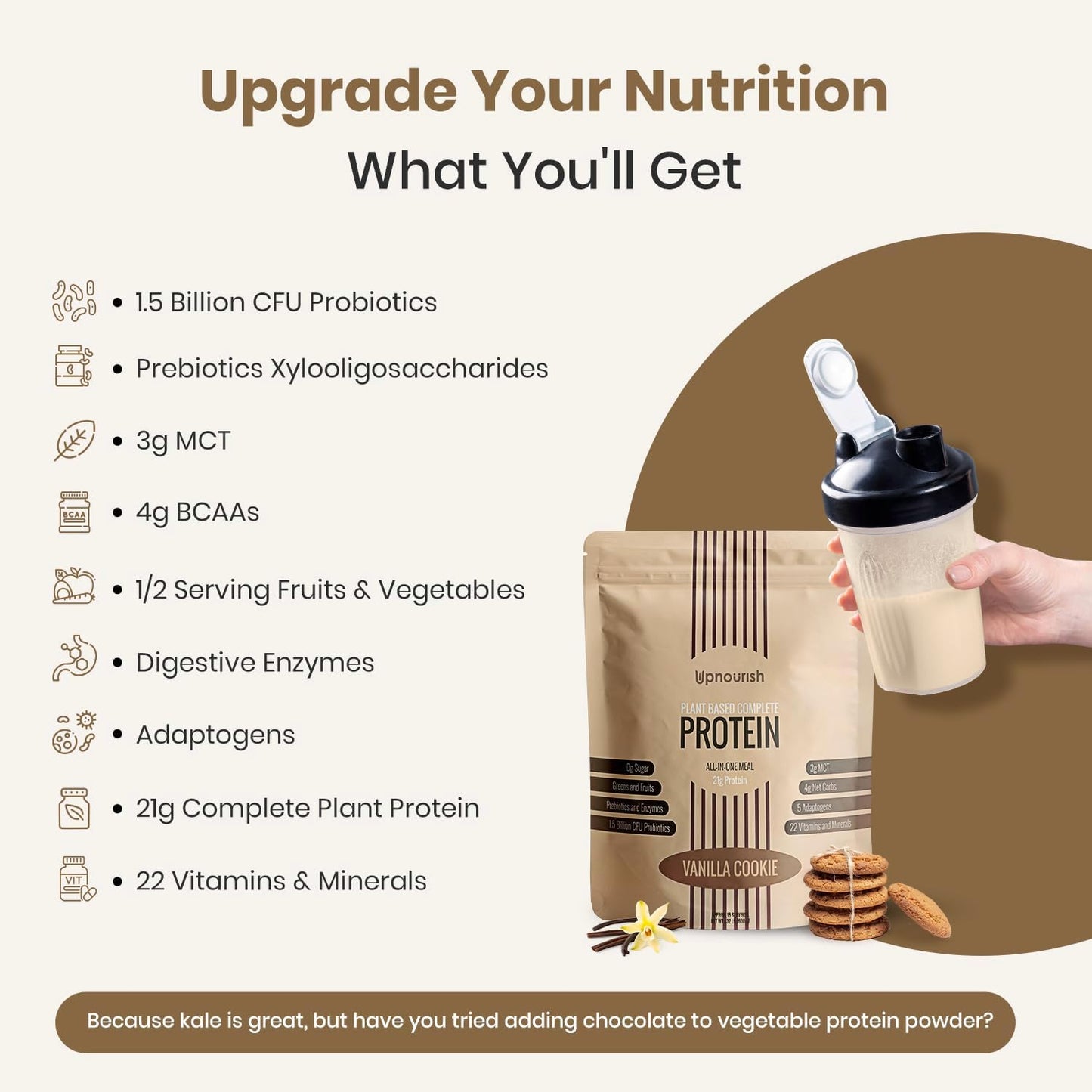 UpNourish Vanilla Cookie Vegan Protein Powder 54 Superfoods Powder,1.5 Billion CFU Probiotics 21g Plant Based Protein,No Sugar No Dairy No GMO Dairy Free,Meal Replacement Shake Keto-Friendly Low-Carb Diet,15 Servings