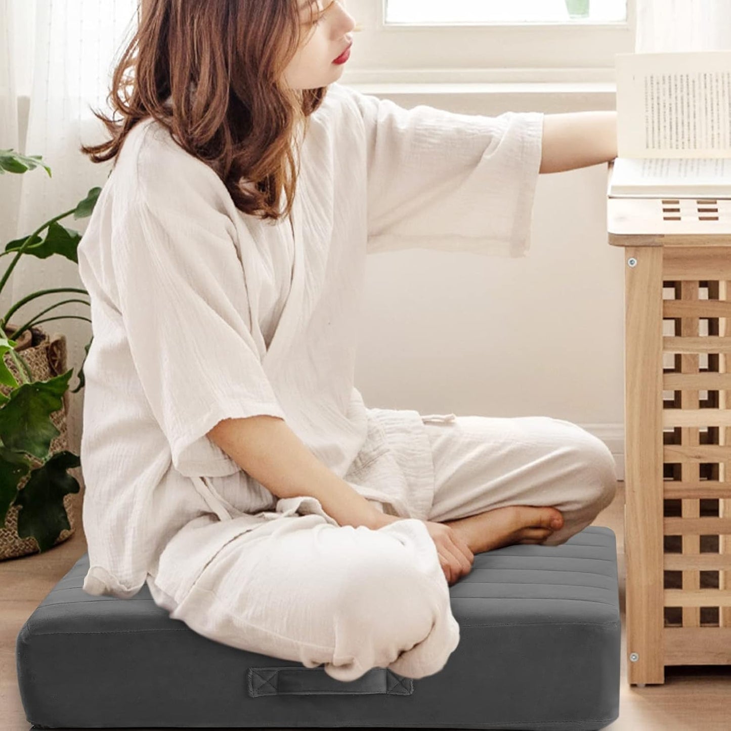 MeMoreCool Square Floor Pillow for Adults and Kids, Large Meditation Cushion with Thick Foam and Washable Tufted Cover, 24-Inch Grey Seat for Sitting and Yoga