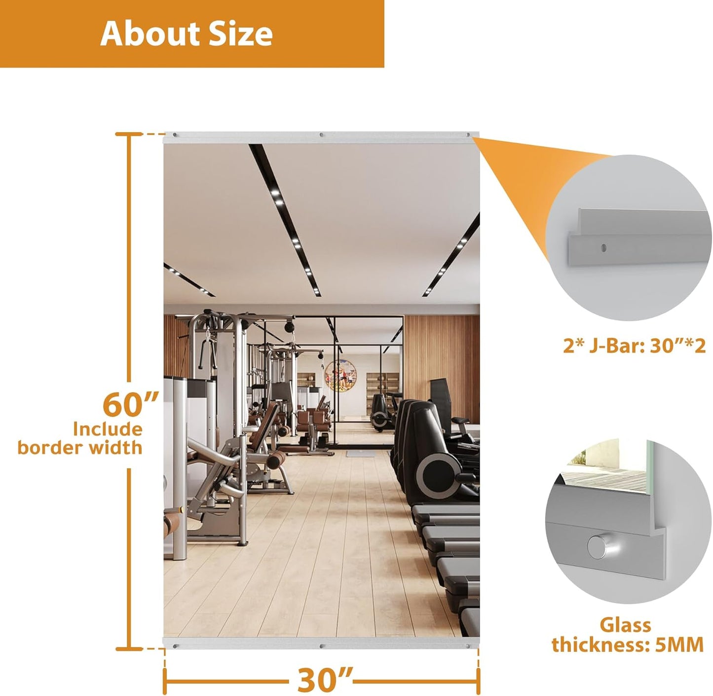 ROOMTEC Workout Mirrors for Home Gym 60"x30", Large Wall Mirror Full Length for Fitness, Yoga, Big Wall Mounted Frameless Glass Mirror for Garage, Dance Studio, Bedroom