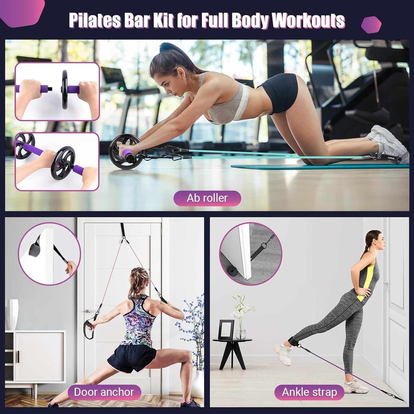 Pilates Bar Kit with Resistance Bands, Multifunctinal Exercise Bar with Ab Roller for Pilates/Abs/Weight Loss, Portable Home Gym Pilates bar kit for Full Body Training Women
