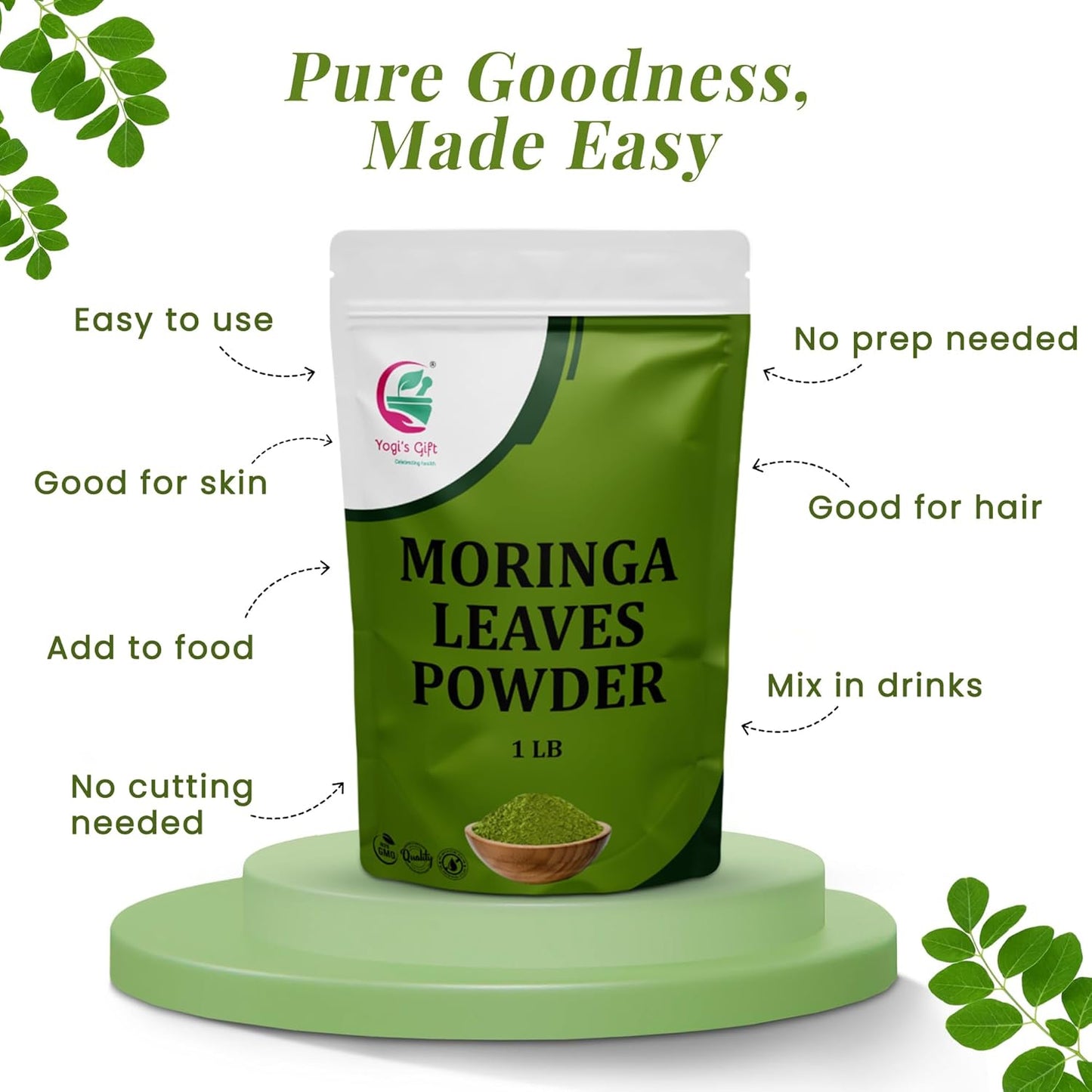 Moringa Powder 1 LB, 100% Pure & Natural Moringa Leaf Powder, Premium Quality for Smoothies & Tea, Resealable Bag for Freshness - By Yogi’s Gift®