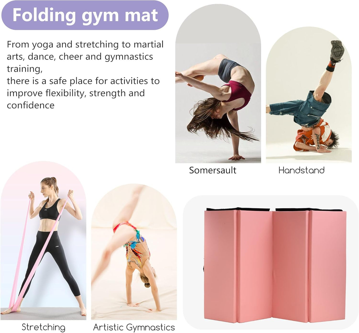 Gymnastics Tumbling Mats Portable Gymnastics Mat Foldable Tumbling Mat 2'x6'/4'x8' PU Leather Exercise Mat Yoga Mat with Carrying Handles for home Workout outdoor Yoga Gymnastics