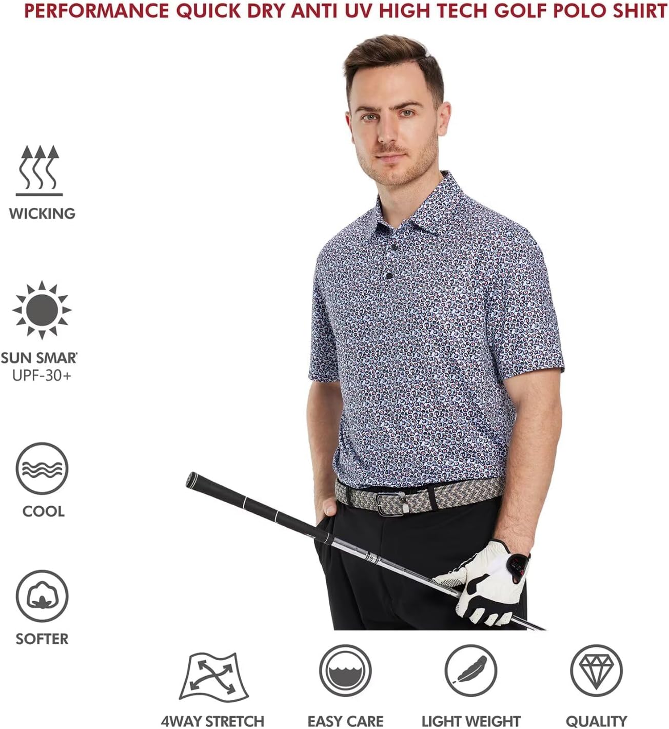 Men's Golf Polo Shirts Short Sleeve Striped Performance Moisture Wicking Dry Fit Golf Shirts for Men