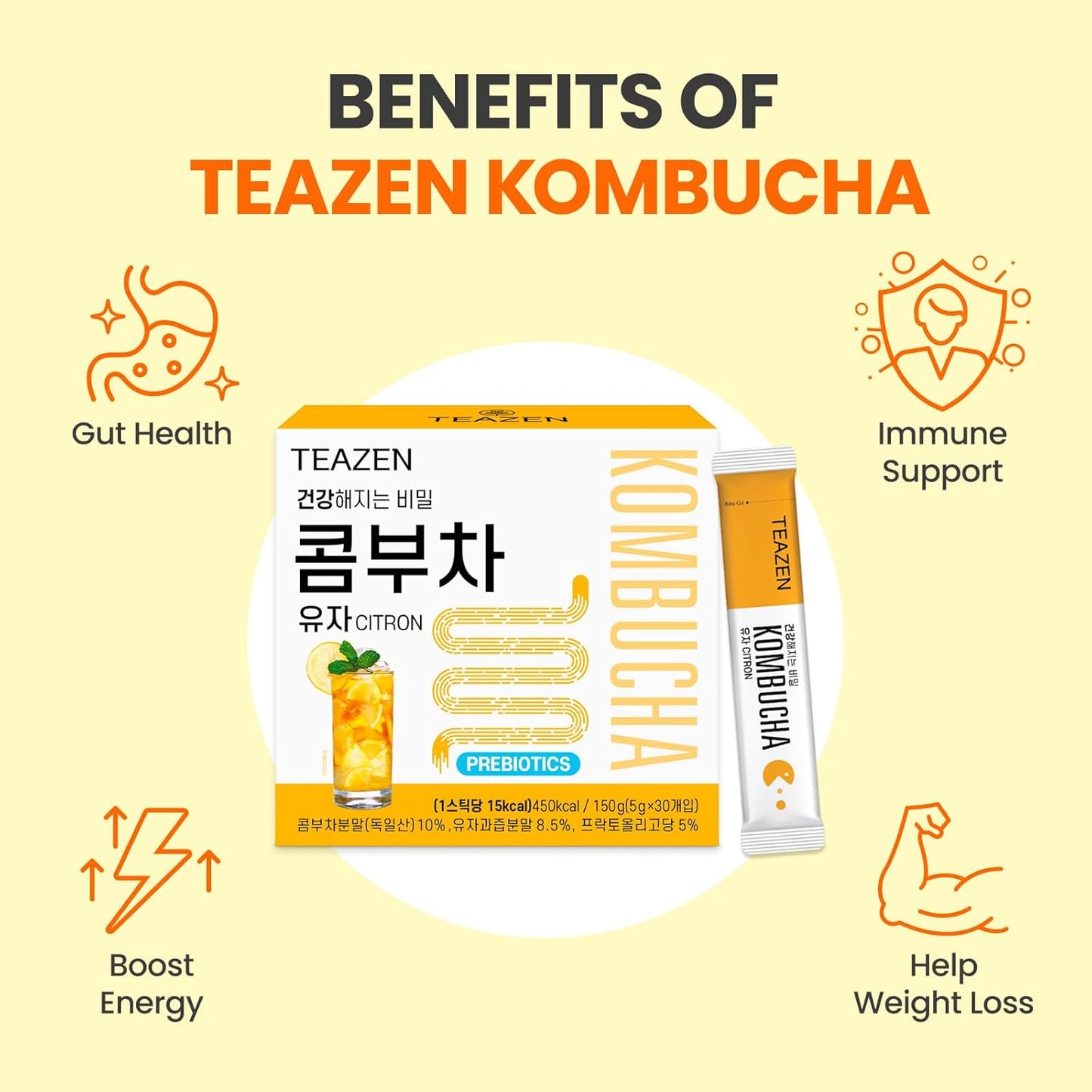 TEAZEN Citron Kombucha Tea, Hydration Drink Mix, Sugar Free, Live Probiotics & Prebiotics, 30 Sticks, 5.29oz