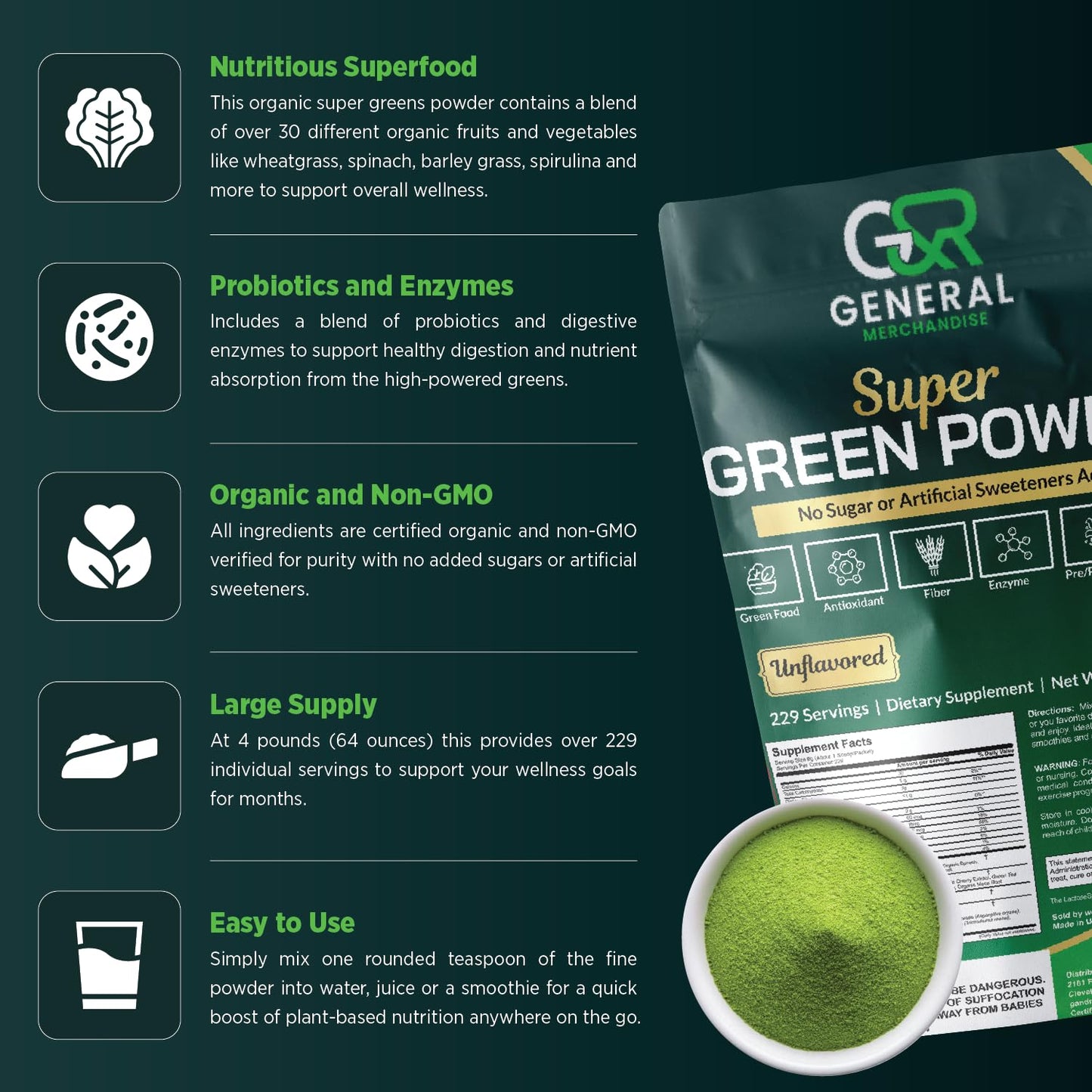 Super Greens Powder Superfood Organic, 229 Servings Digestive Enzymes, Probiotics & Vitamins Vegetables (Wheatgrass, Spirulina & more), Fruits, 4 Pounds(64oz).