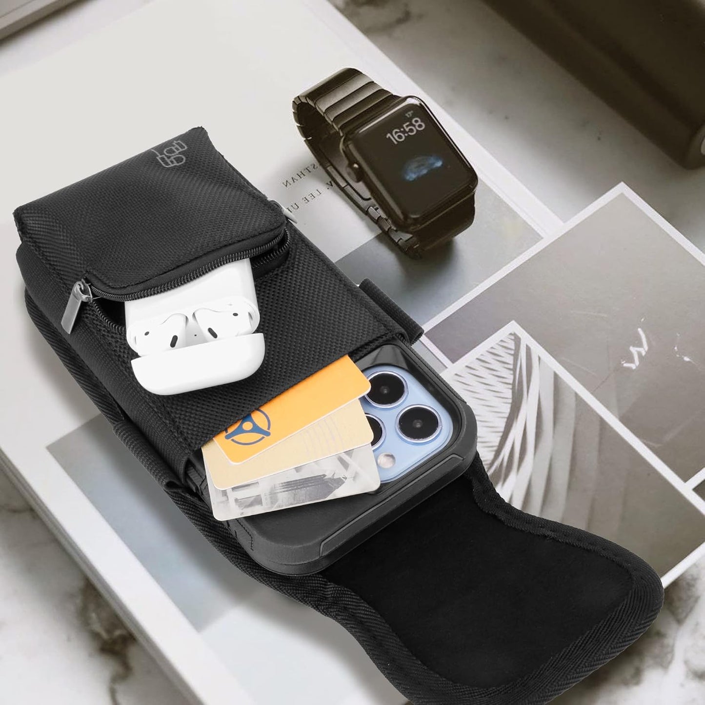 Perilogics Phone Holster with Magnetic Cover, Belt Clip Pouch Fits iPhone 17 Pro Max, 16 Pro Max, 16 Plus and Other Pro Max/Plus Models with Case Installed, with Zipper Storage & Card Pocket