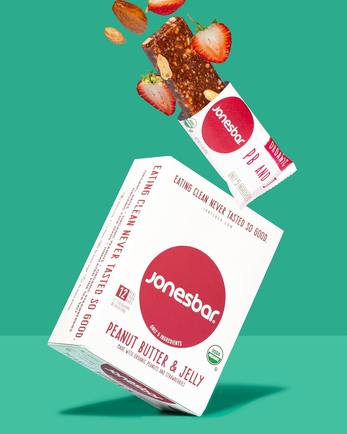 JONESBAR (Peanut Butter & Jelly, 4 Count (Pack of 1)), USDA Organic Fruit & Nut Bar, Non-GMO, Kosher, Vegan, Gluten Free, Simple Snack Bar