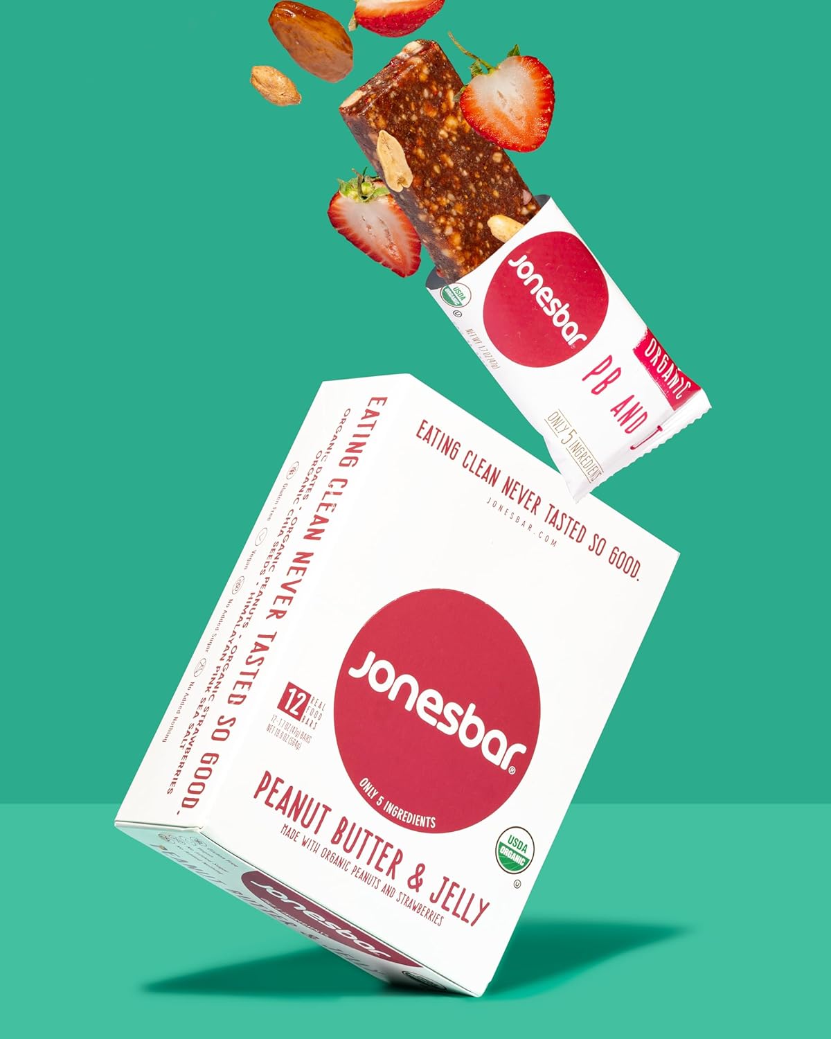 JONESBAR (Peanut Butter and Jelly, 12 Count (Pack of 1)), USDA Organic Fruit & Nut Bar, Non-GMO, Kosher, Vegan, Gluten Free, Simple Snack Bar