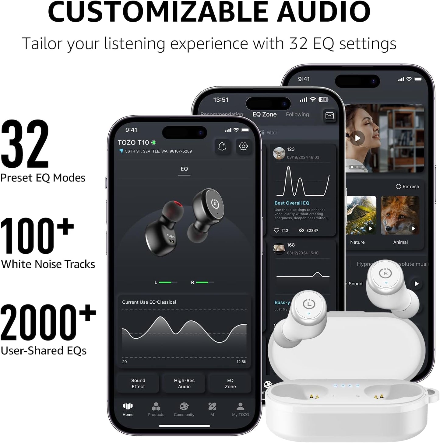 TOZO T10 Wireless Earbuds Bluetooth 5.3 Headphones, App Customize EQ, Ergonomic Design, 55H Playtime, Wireless Charging Case, IPX8 Waterproof Sound in-Ear Headset, 2025 New Version