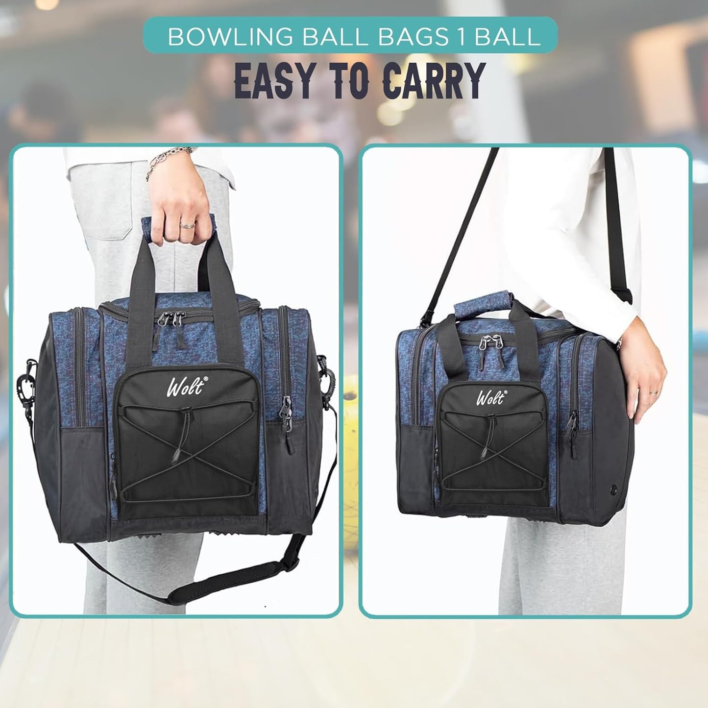 WOLT Bowling Ball Bag for Single Ball - Bowling Ball Tote Bag with Padded Ball Holder, 2 Pockets fit Bowling Shoes Up to Mens Size 14 and Accessories