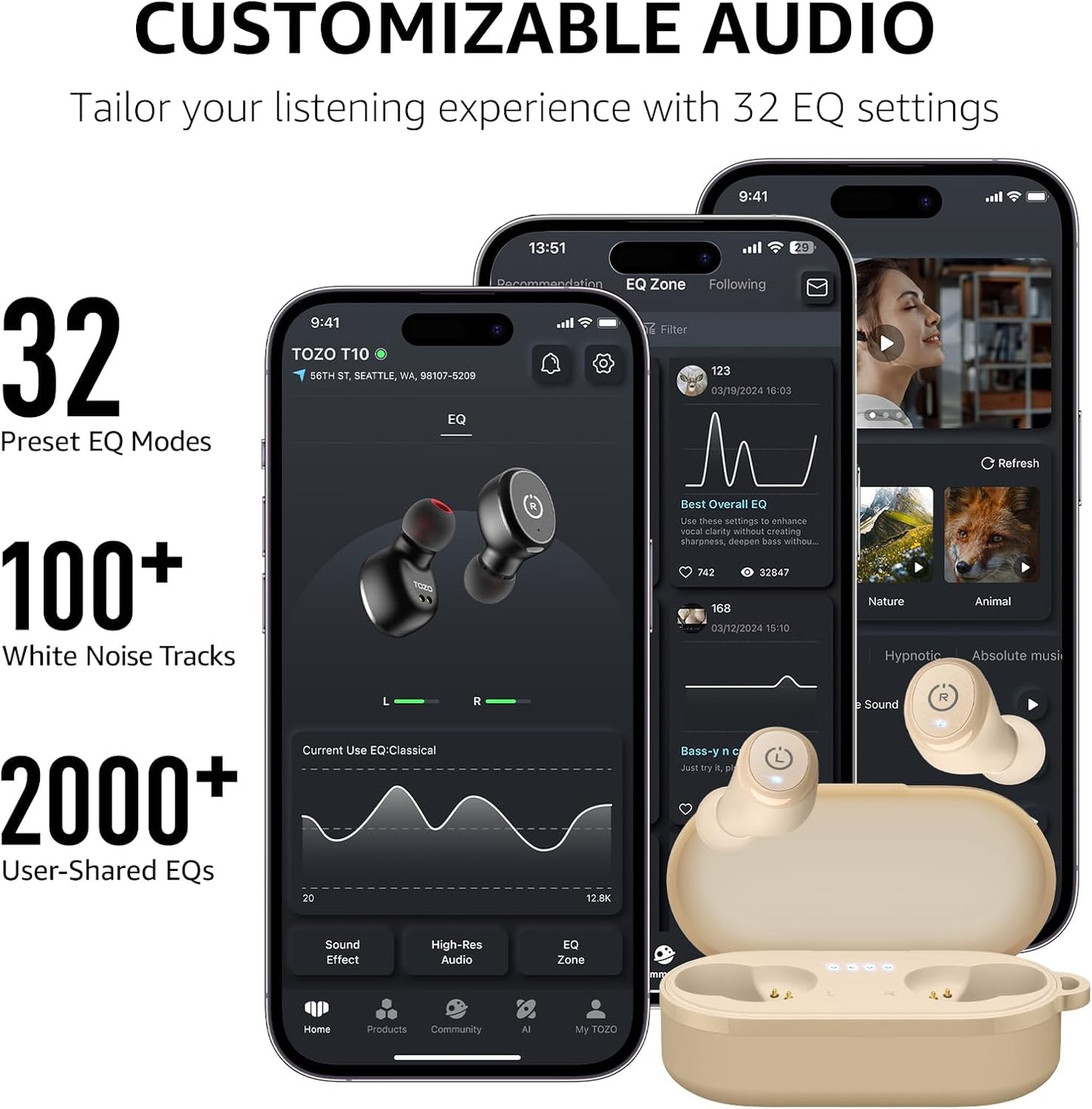 TOZO T10 Wireless Earbuds Bluetooth 5.3 Headphones, App Customize EQ, Ergonomic Design, 55H Playtime, Wireless Charging Case, IPX8 Waterproof Sound in-Ear Headset, 2025 New Version