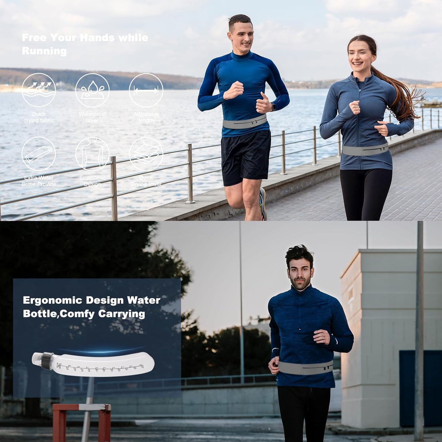 Running Belt for Women and Men, Water Proof Running Belts Fanny Pack with Water Bottle,Slim Hydration Running Bag Belts with Phone Bottle Holder Adjustable Fit for Runner (Grey, Medium)