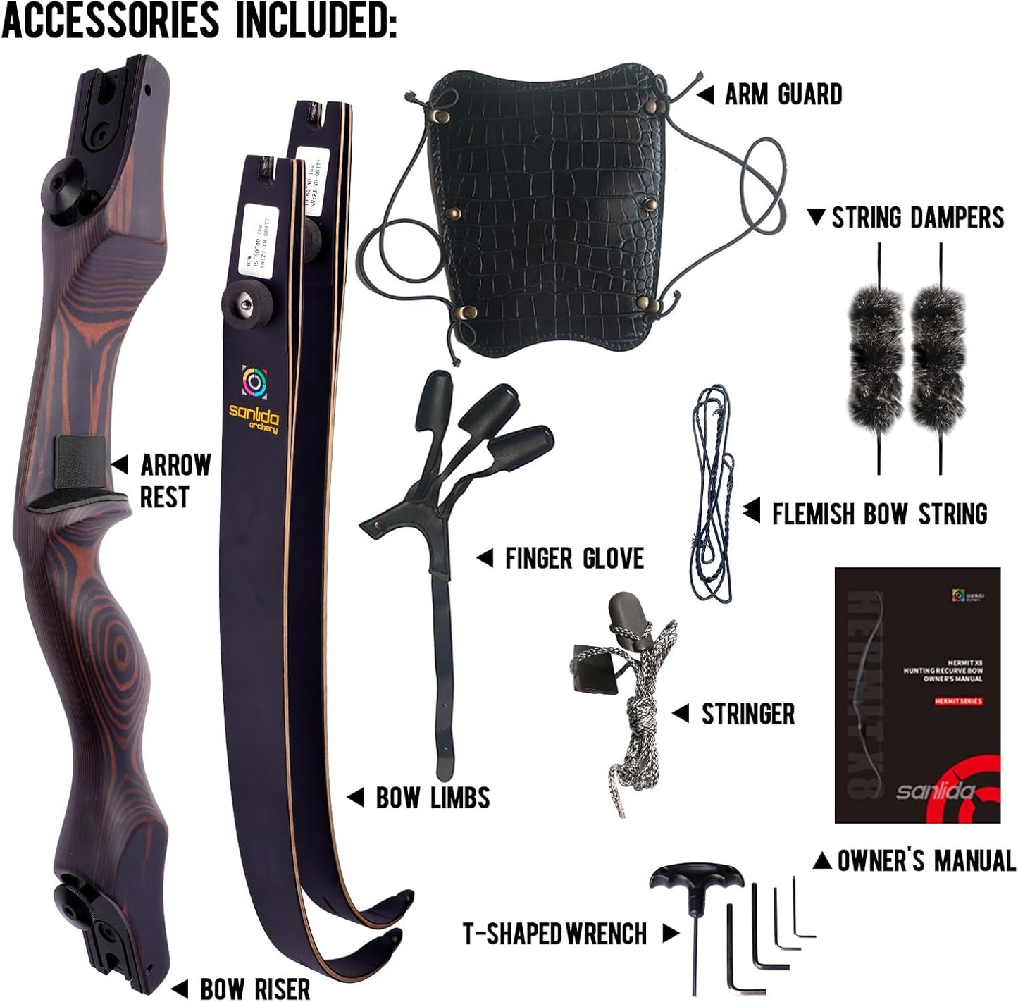 Sanlida Hermit X8 Standard ILF Takedown Hunting Recurve Bow for Adults and Hunters, 60 62 Inch Wooden Recurve Bows Package for Outdoor, Hunting and Practice 25-60Lbs RH Only