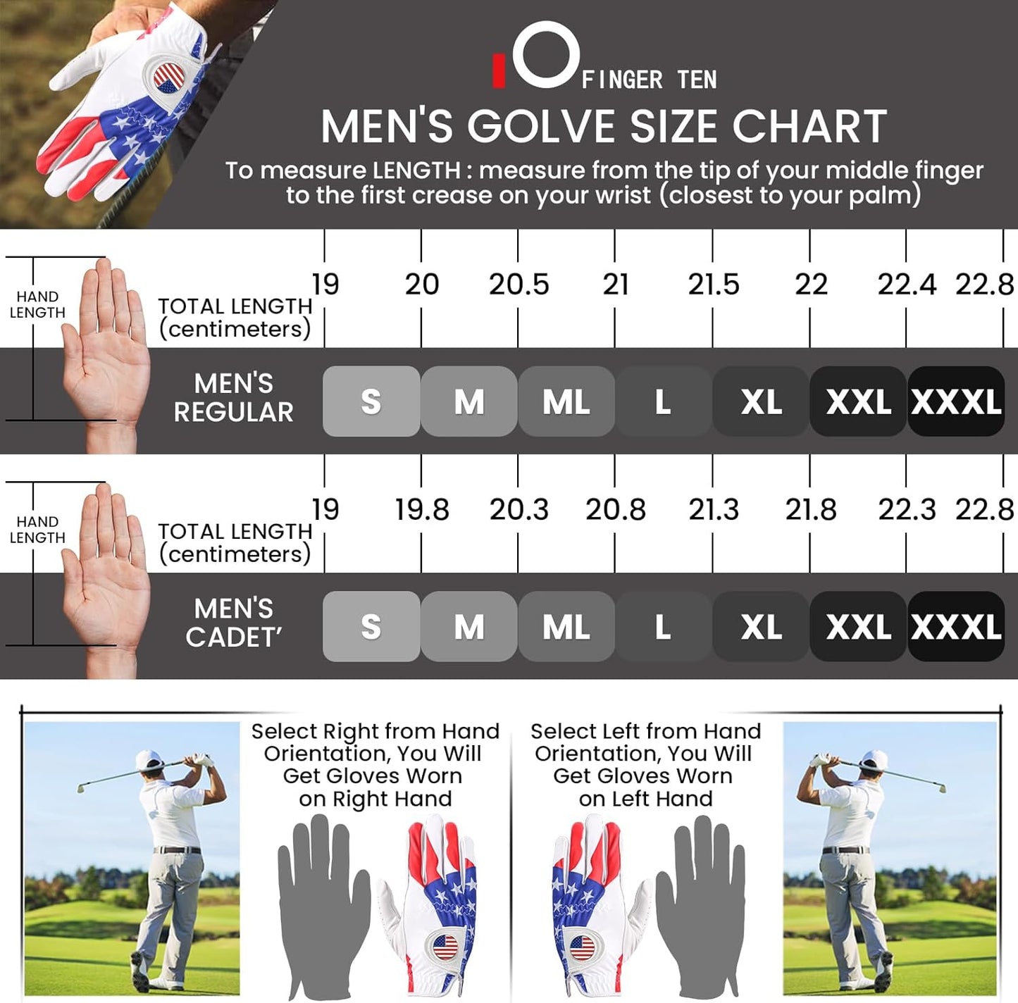 FINGER TEN Golf Gloves Men Left Hand Right with Ball Marker USA Flag Blue Camo Plaid Pack, Mens Leather Golf Glove All Weather Grip Small Medium ML Large XL