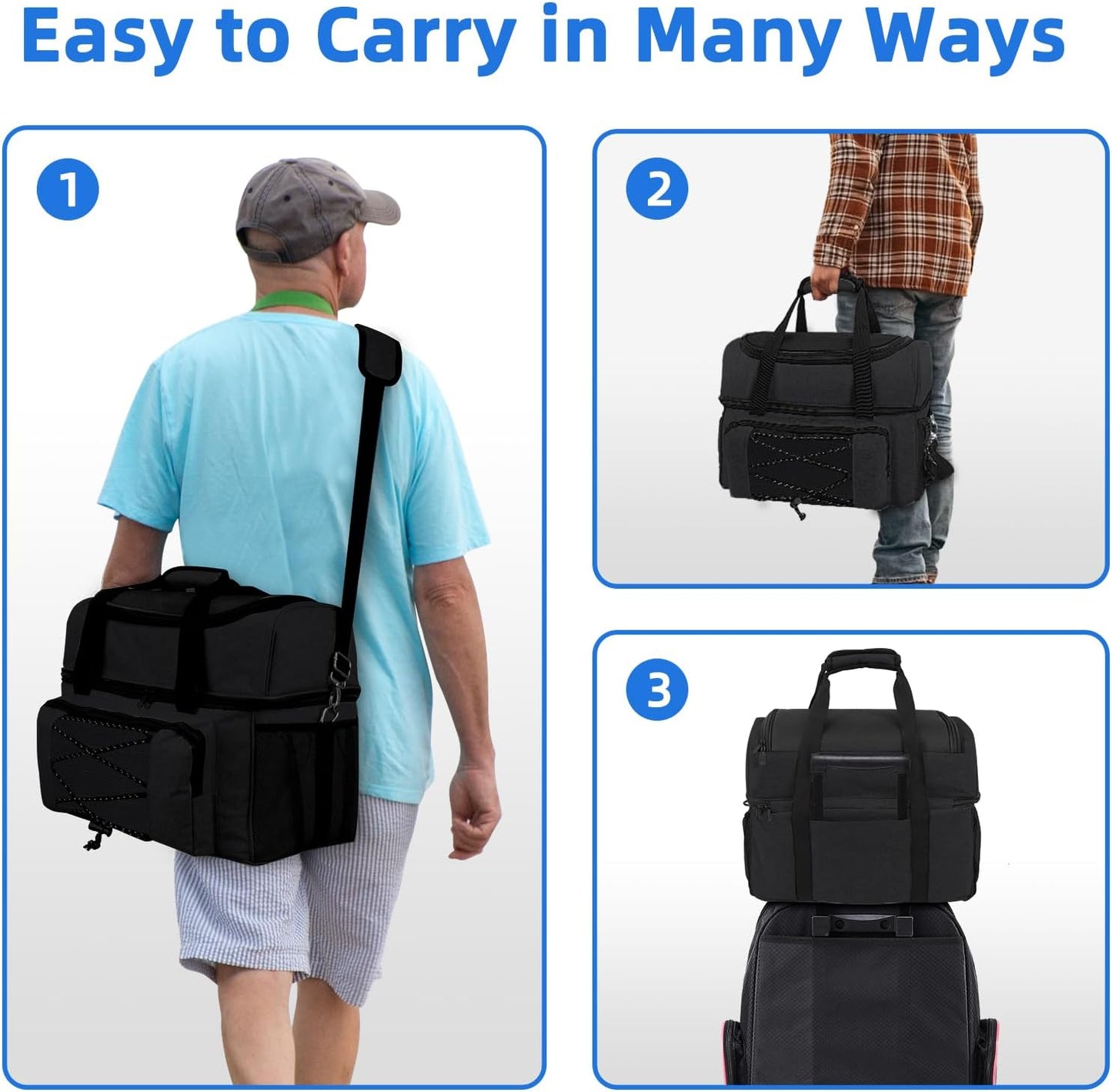 Bowling Ball Bag 2 Ball with Padded Holder Portable Double Bowling Totes with Adjustable Shoulder Strap Large Capacity Bowling Gear Organizer