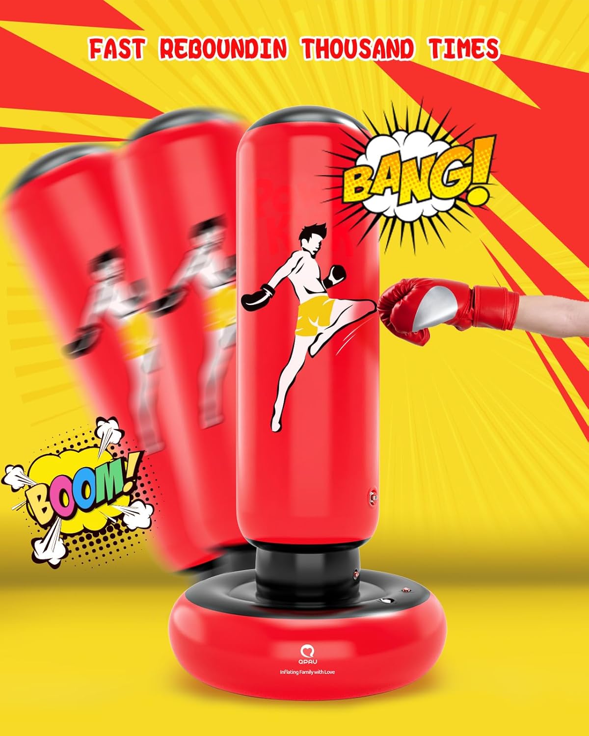 QPAU Kids Punching Bag Toy with Boxing Gloves, 66 Inch Larger Stable Kids Inflatable Boxing Bag Set, Gifts for Boys & Girls Age 6-12, for Practicing Karate, Taekwondo, MMA