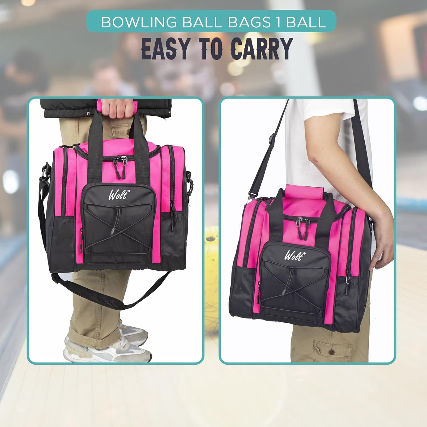 WOLT Bowling Ball Bag for Single Ball - Bowling Ball Tote Bag with Padded Ball Holder, 2 Pockets fit Bowling Shoes Up to Mens Size 14 and Accessories
