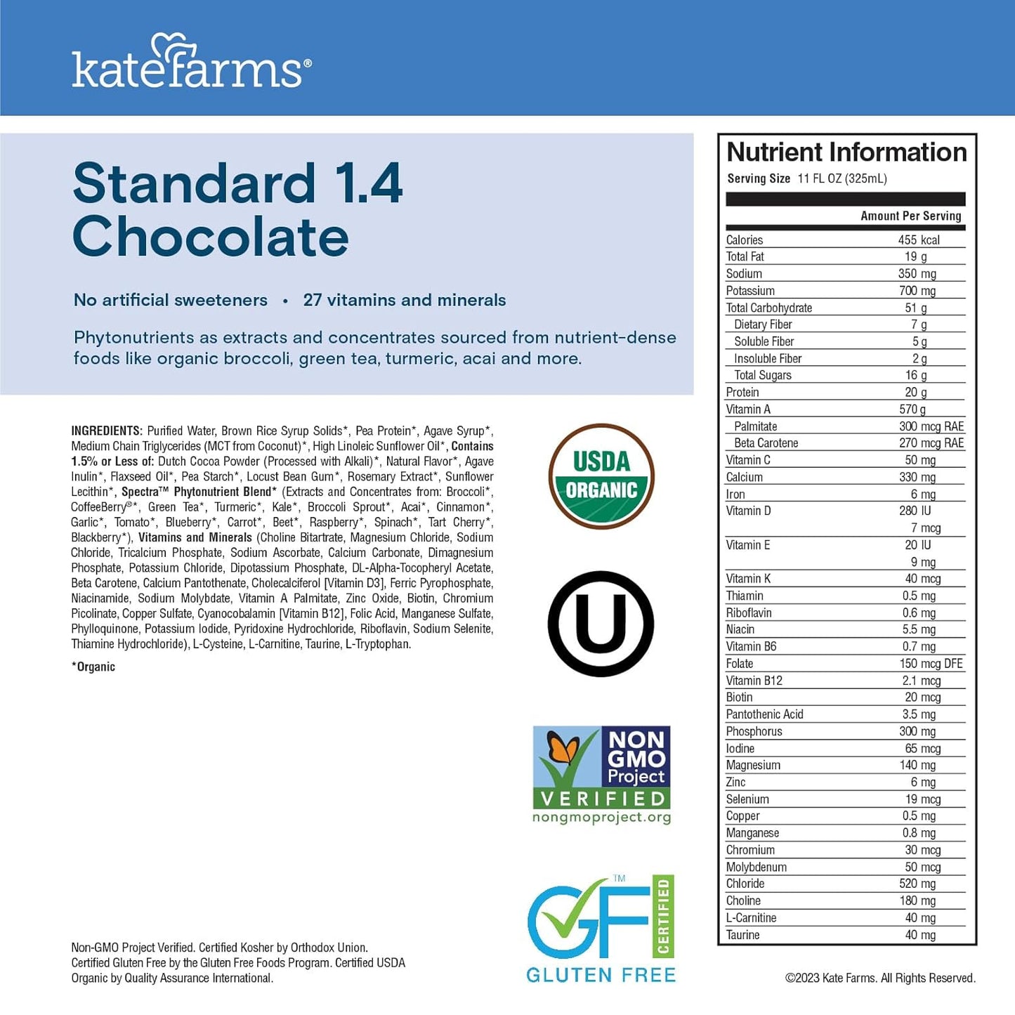 KATE FARMS Organic 1.4 High Calorie Nutrition Shake, Chocolate, 20g Protein, 27 Vitamins and Minerals, Meal Replacement, 11 oz (12 Pack)