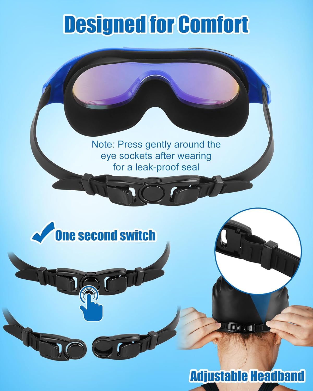 Swim Goggles with Nose Clip, Ear Plugs & Swim Cap, Anti-Fog UV Protection Lens, Leakproof Adjustable Strap for Adult