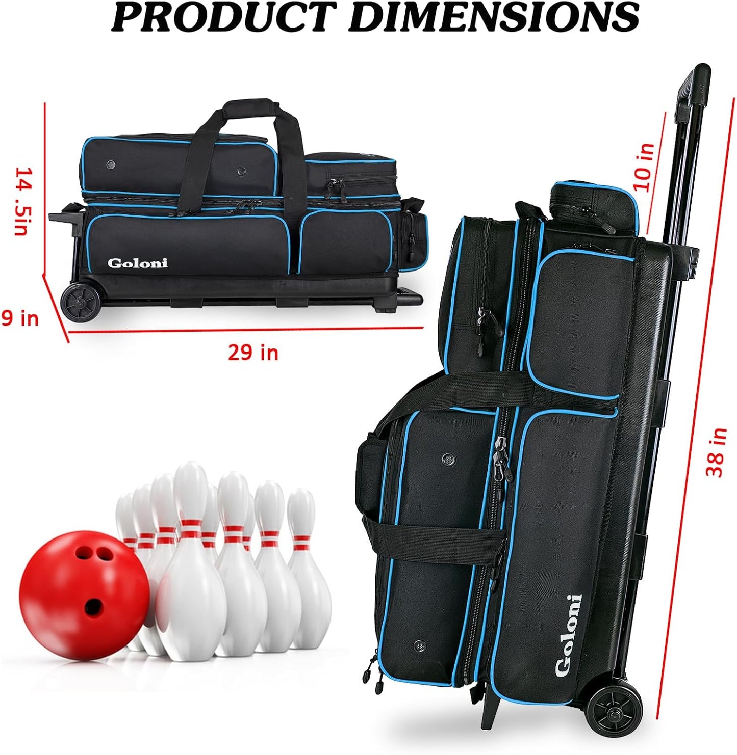 Goloni 3 Ball Bowling Bags with Wheels - Rolling Bowling Bag for 3 Balls & Accessories - Retractable Handle Extends to 38