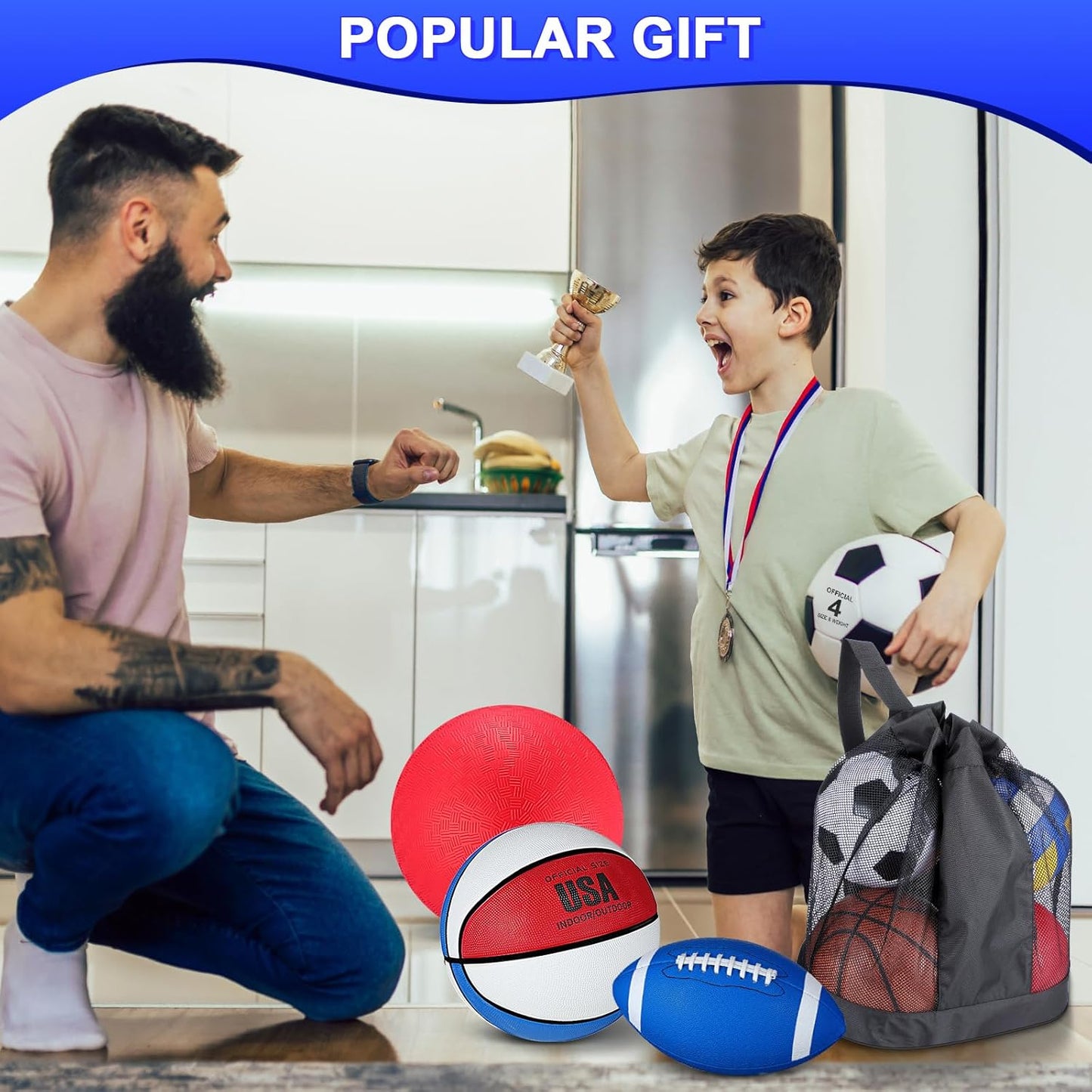 Deekin 4 Pcs Sport Balls Set for Kids Teens, Include Official Size 5 Basketball 4 Soccer 6 Football Playground Ball and Pump Sports Equipment Bag Recess Equipment Sport for Students(Bright Color)