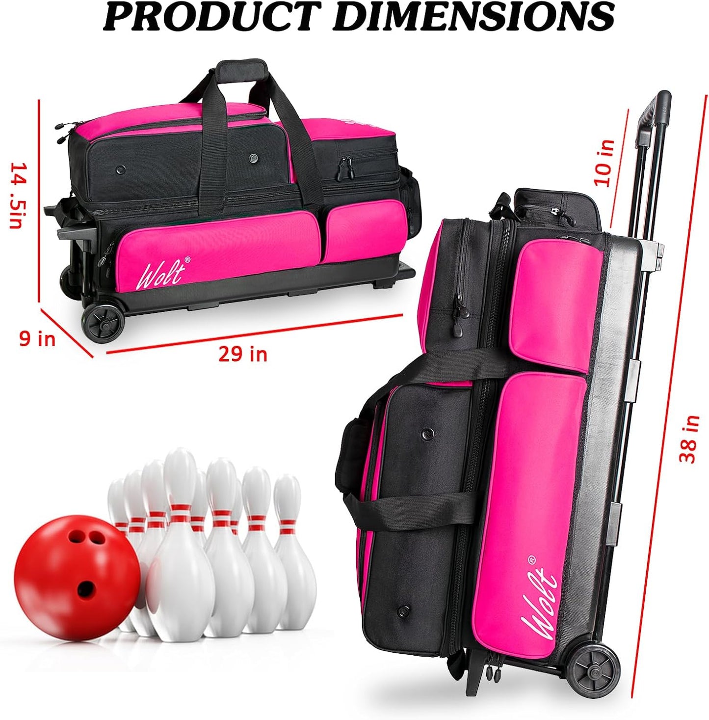WOLT 3 Ball Bowling Bags with Wheels,Bowling Ball Bag 3 Ball Roller with Separate Shoe Compartment and Accessory Pocket, Retractable Handle Extends to 38’’