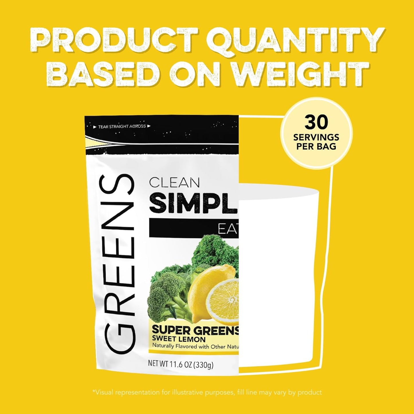 Clean Simple Eats Super Greens Powder, Naturally Flavored Greens Powder with Chlorella, Spirulina, Superfoods & Prebiotic Fiber, No Artificial Ingredients, Gluten Free, Sweet Lemon Flavor, 30 Servings
