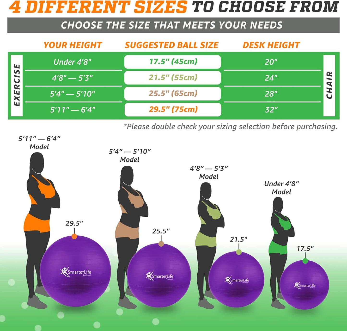 SmarterLife Exercise Ball Yoga Ball for Fitness, Balance, Stability, or Pregnancy, Gym Ball for Core Workout, Physical Therapy, Yoga Ball Chair for Office, Anti-Slip Anti-Burst