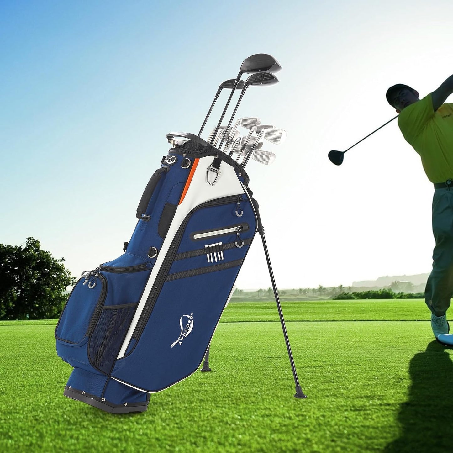 Golf Stand Bag 14 Way Top Dividers Full-Length with Stand, 7 Pockets, Lightweight Golf Bag for Men, Dual Strap, Rain Hood, Portable Golf Club Bag for Men Women