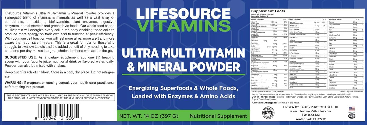 LifeSource Vitamins Ultra Multi Vitamin & Mineral Powder - Whole Food Based - 30 Day Supply