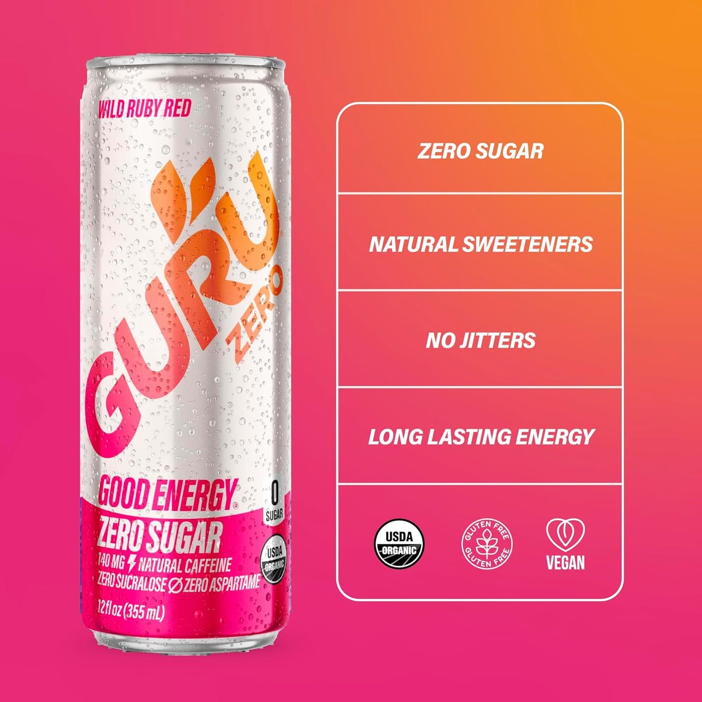 GURU ZERO SUGAR Wild Ruby Red Organic Energy Drinks, Clean Energy Drink with Plant Based Natural Caffeine from Green Tea, Coconut Water, Prebiotic, Zero Added sugars, Gluten Free and Vegan, Pre Workout, Healthy Drinks, 12oz (Pack of 24)