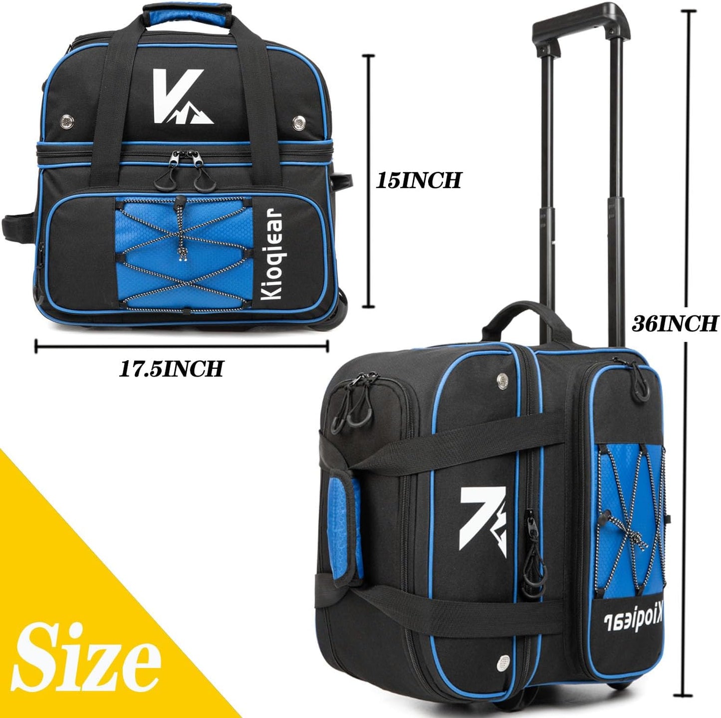 Double Roller 2 Ball Bowling Bag with Large Separate Shoe Compartment and Oversized Accessory Pocket, 36" Extendable Handle.