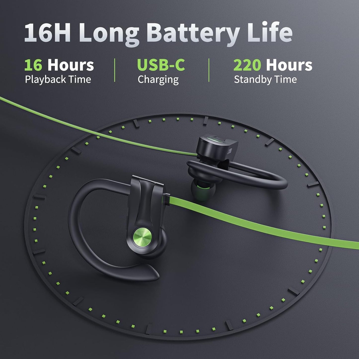 JOYWISE Bluetooth Headphones, Wireless Earbuds IPX7 Waterproof Bluetooth 5.3 Headphones with 16Hrs Playtime Stereo Bass Headsets with Mic Running Headsets with Earhooks for Sports Running Workout