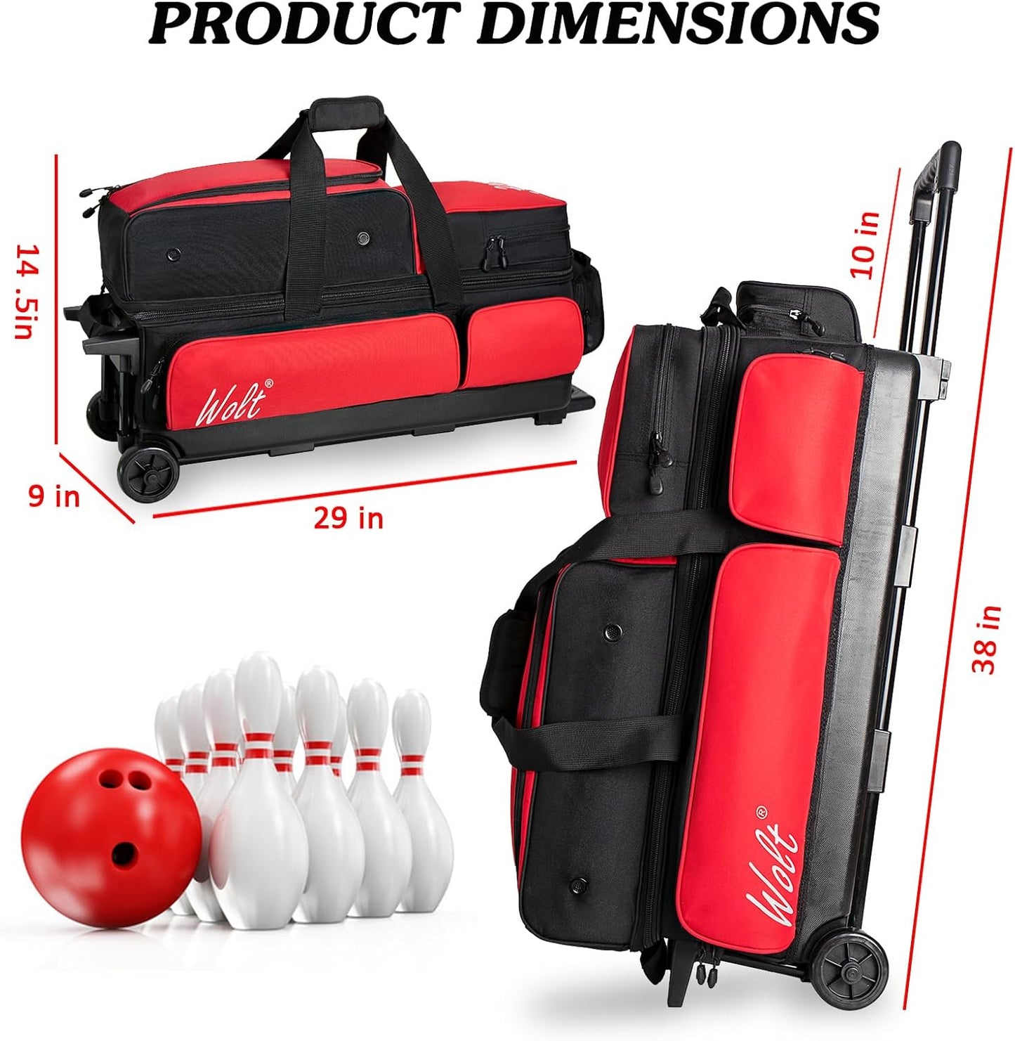 WOLT 3 Ball Bowling Bags with Wheels,Bowling Ball Bag 3 Ball Roller with Separate Shoe Compartment and Accessory Pocket, Retractable Handle Extends to 38’’