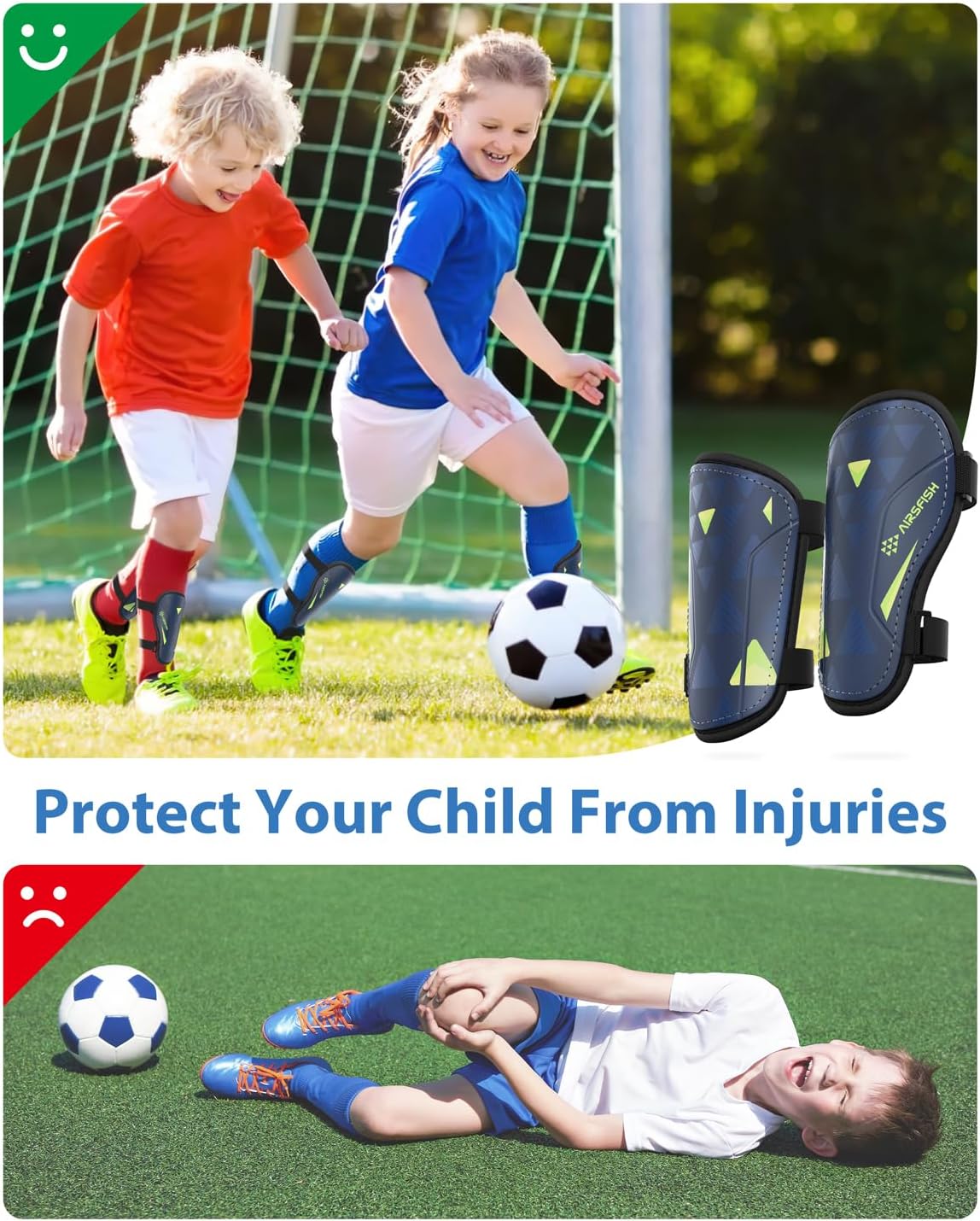 Shin Guards Soccer Kids Youth, CE Certified Airsfish Shin Guard Protection Gear for 2-18 Years Old Boys Girls Teenagers High Impact Resistant Breathable Comfortable 1 Pair 4 Sizes