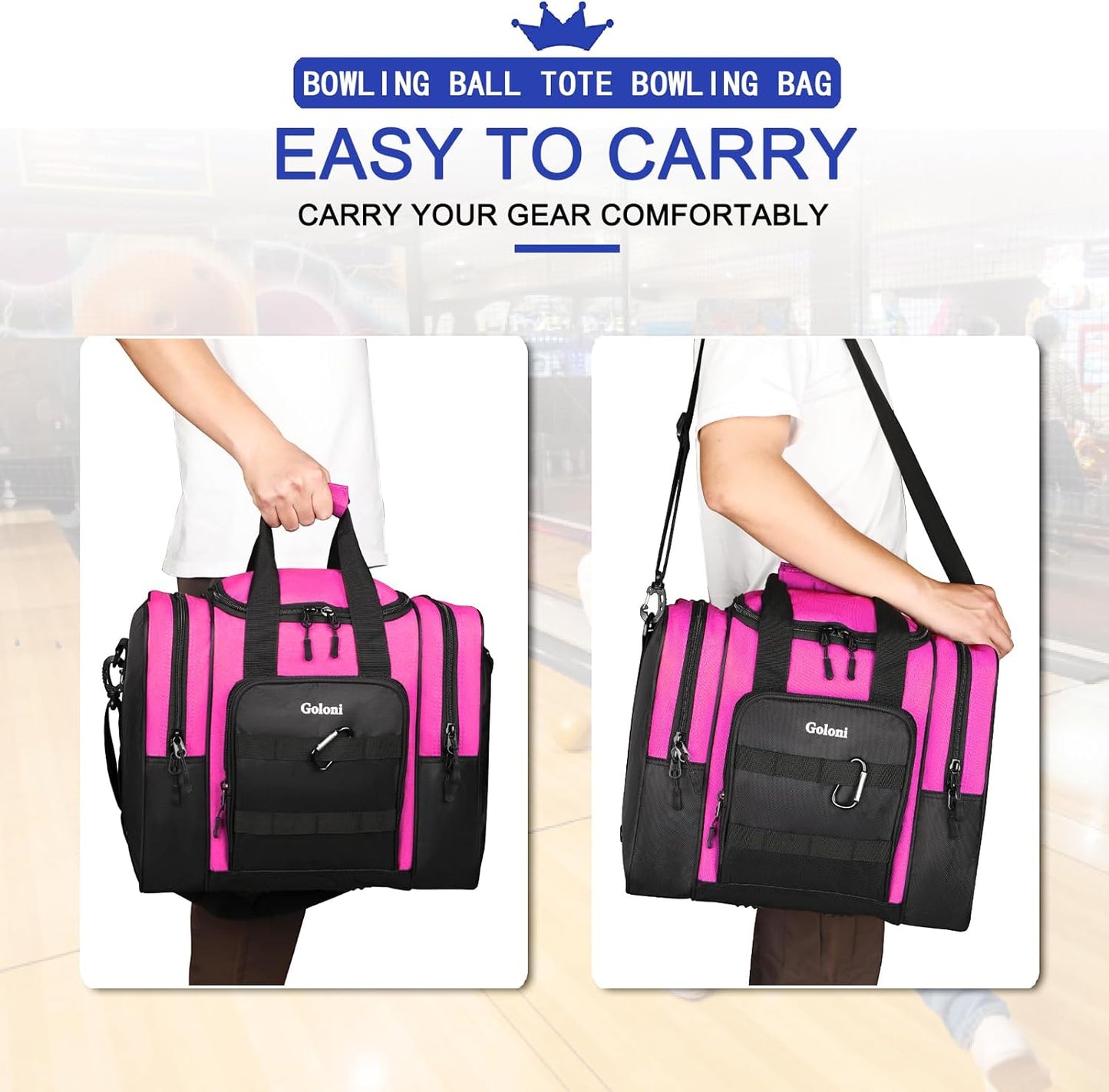 Goloni Bowling Ball Bag for Singer Ball with Padded Ball Holder, 2 Pockets fit Bowling Shoes Up to Mens Size 14 and Accessories