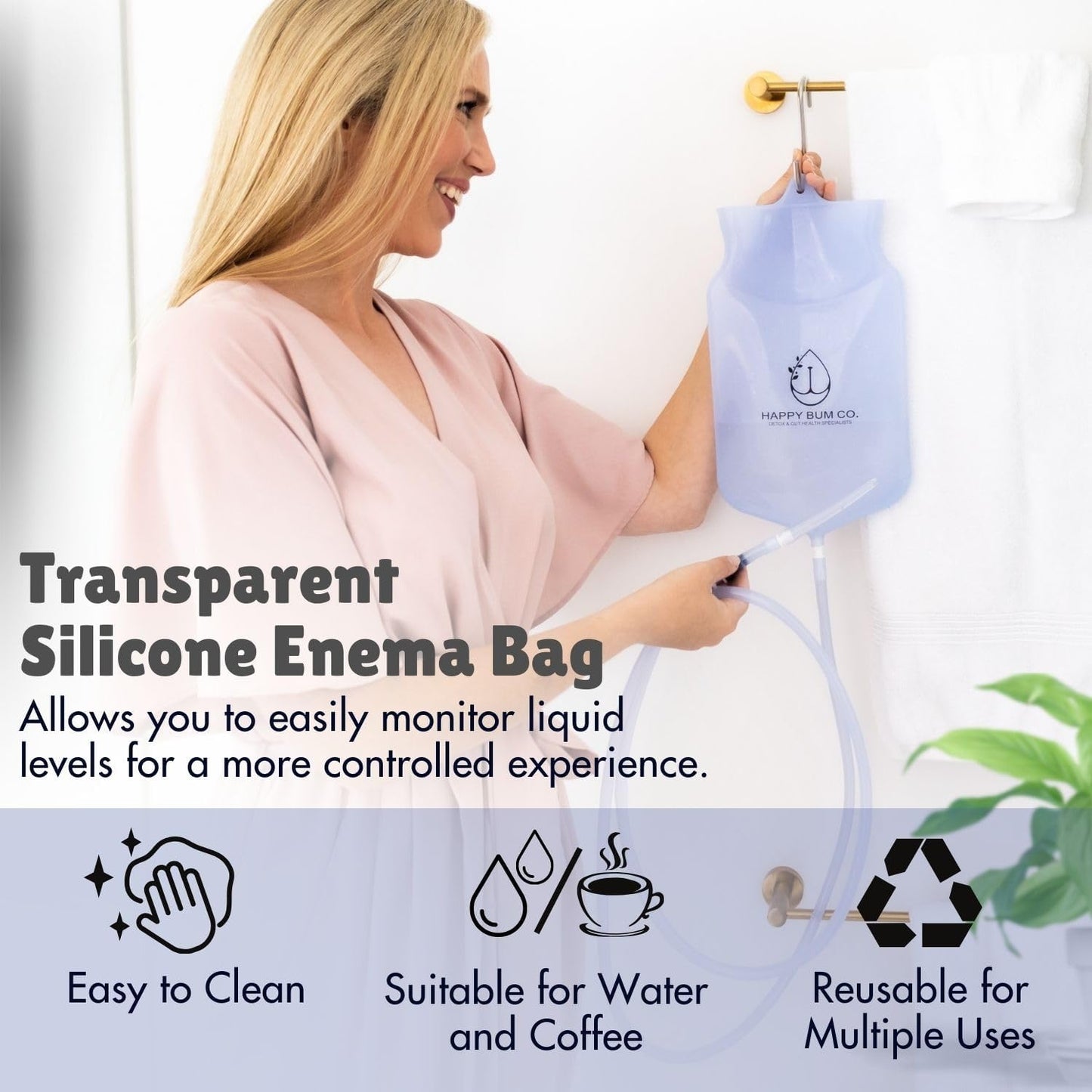 Happy Bum Bag Enema Kit | 6.5ft Silicone Hose, 2L Non-Toxic Silicone Enema Bag with 3 Replacement Tips | Reusable Coffee Enema Kit Suitable for Water & Coffee Enemas for Colon Cleanse for Women & Men