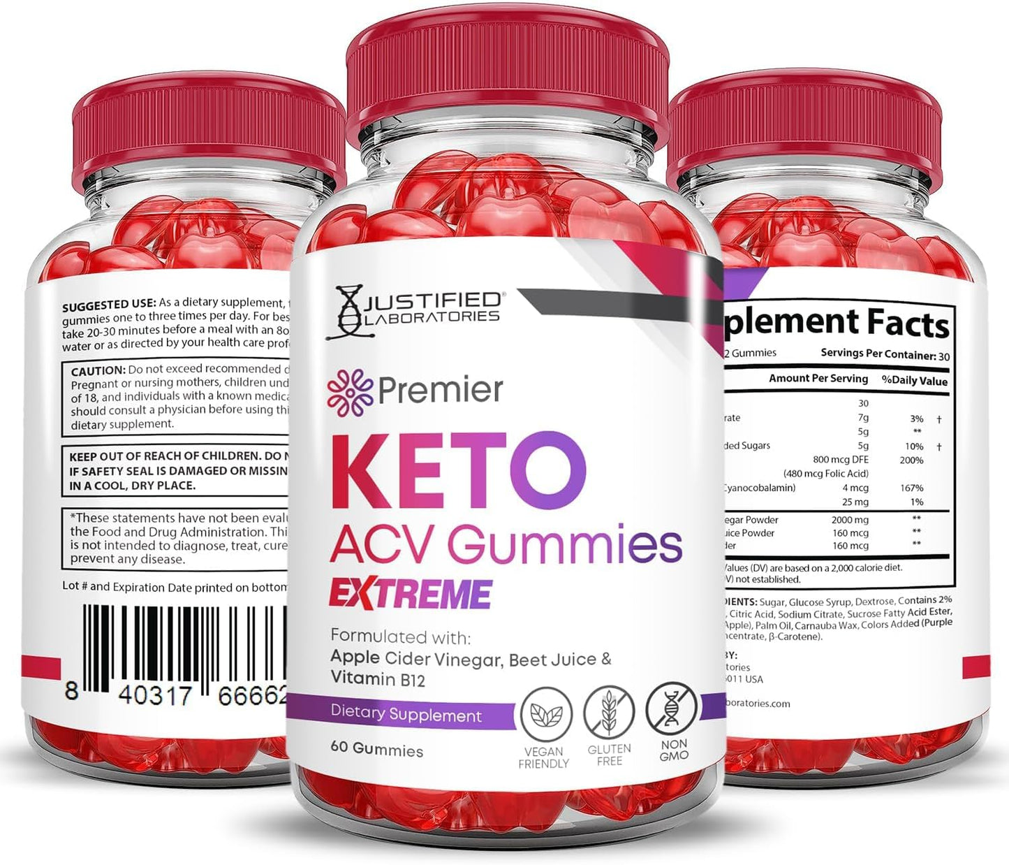 Justified Laboratories Premier Keto ACV Gummies Extreme 2000MG Premier Keto Gummies Apple Cider Vinegar Formulated with Pomegranate Beet Juice Powder B12 Vegan Non GMO 60 Gummys