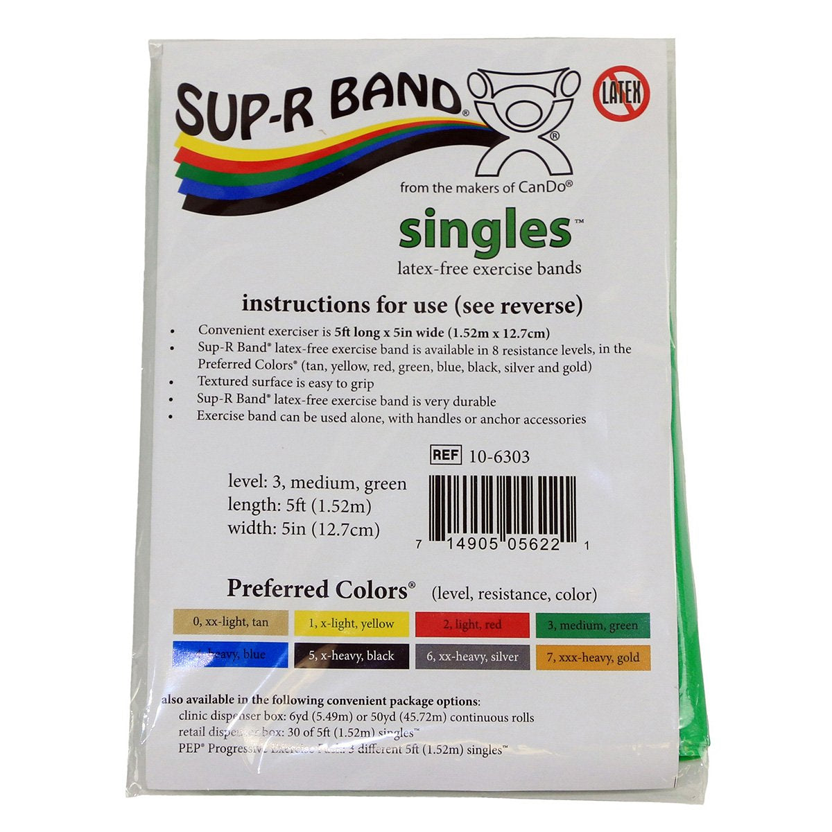 Cando 10-6303 Sup-R Latex Free Exercise Band, 5' Singles, Medium, Green