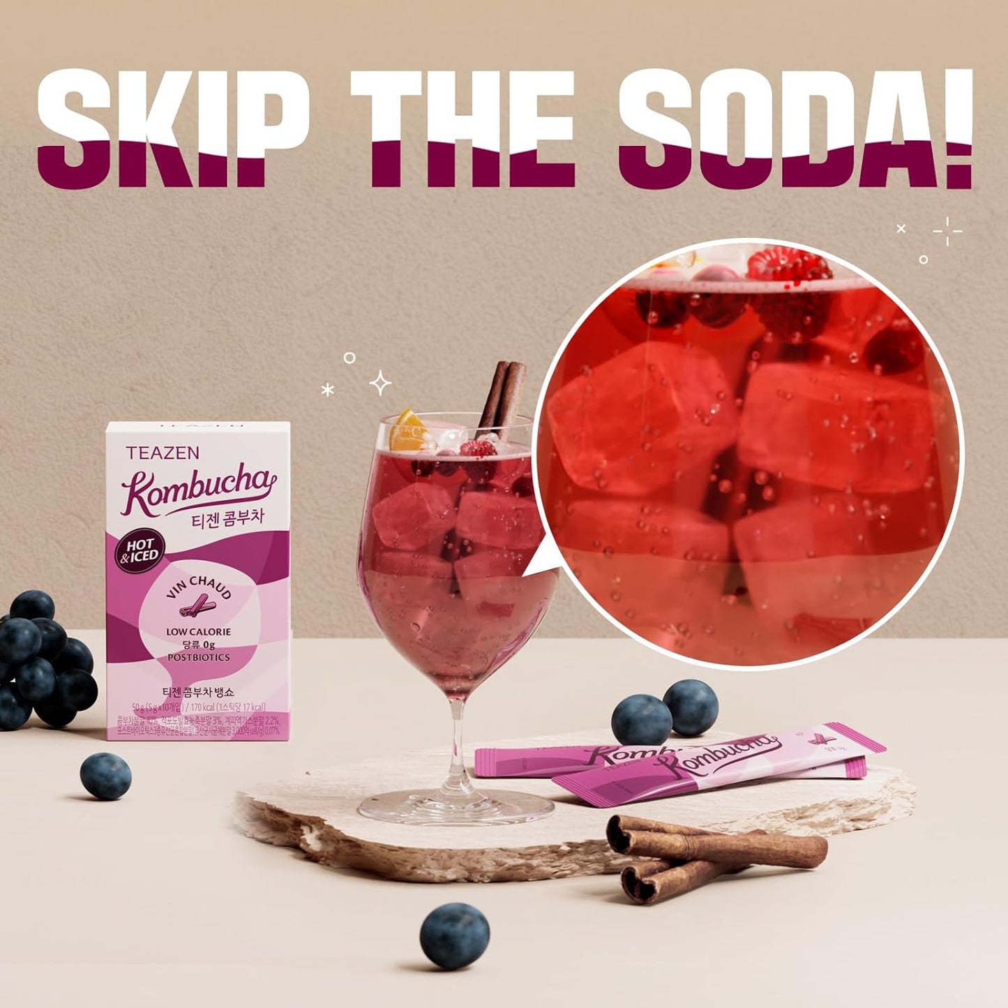 TEAZEN Mulled Wine Kombucha Tea, Spice Tea, Live Probiotics & Postbiotics, Relaxation and Warmth for Colds and Sore Throat, Electrolyte & Hydration Drink Mix, Sugar Free, 10 Sticks, 1.76oz