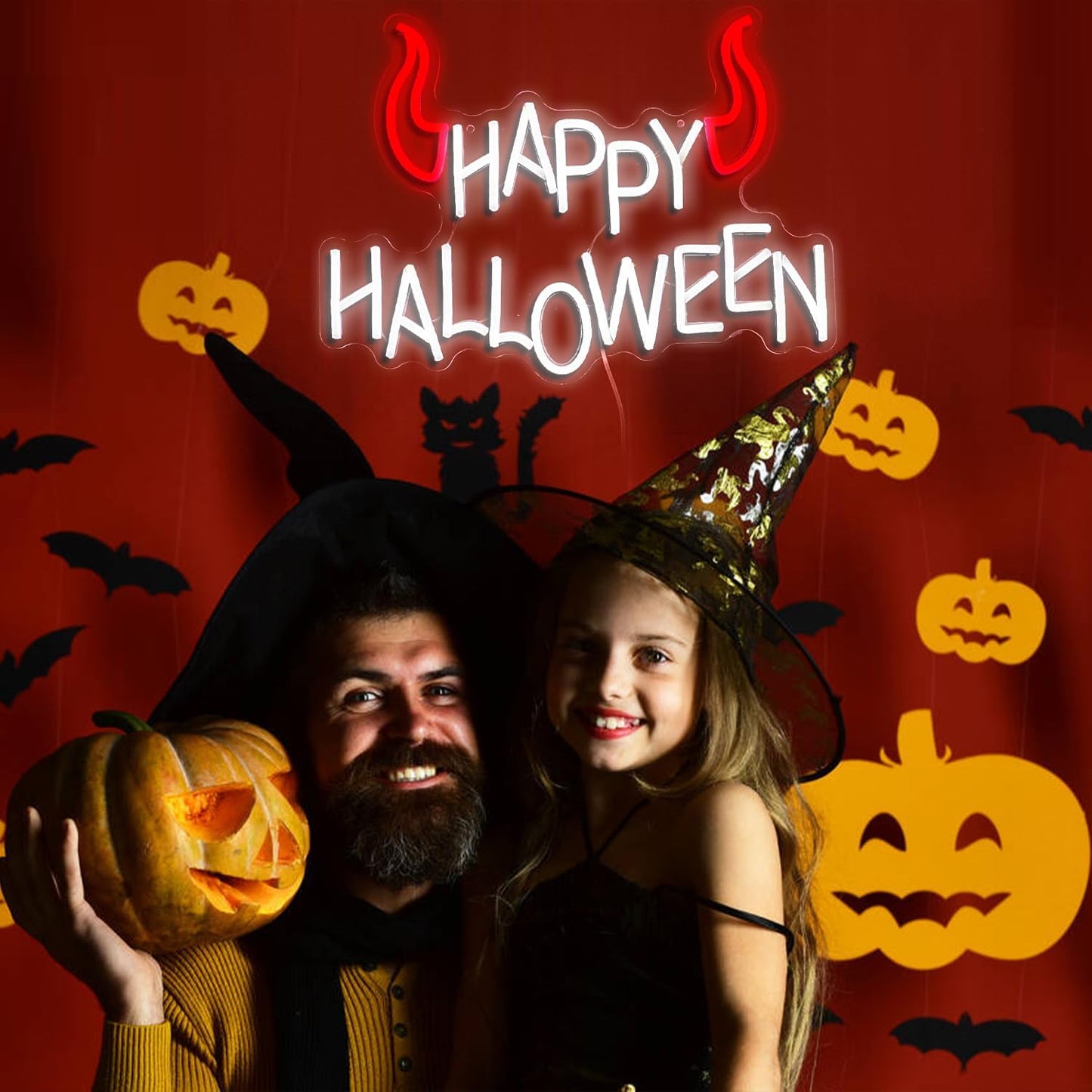Happy Halloween Neon Sign - Dimmable LED Red Little Corner Light for Wall Decor - USB Powered for Halloween Decoration, Home Spooky Party, Bedroom Decor