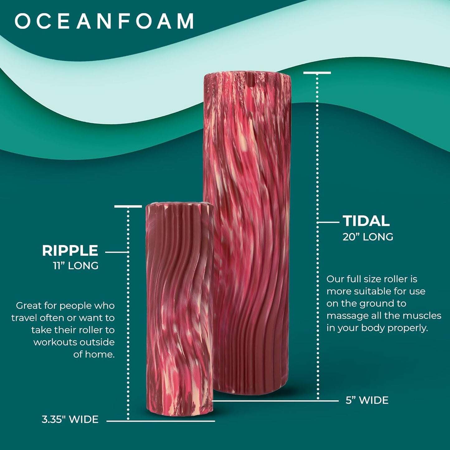 Oceanfoam Tidal Roller - Maroon, Blush & Hot Pink Marbled - Muscle Massage Foam Roller for Back Pain & Stretching - Firm & Ergonomic Wide Wave Textured - Yoga & Athletics - Full Size, 20" x 5"