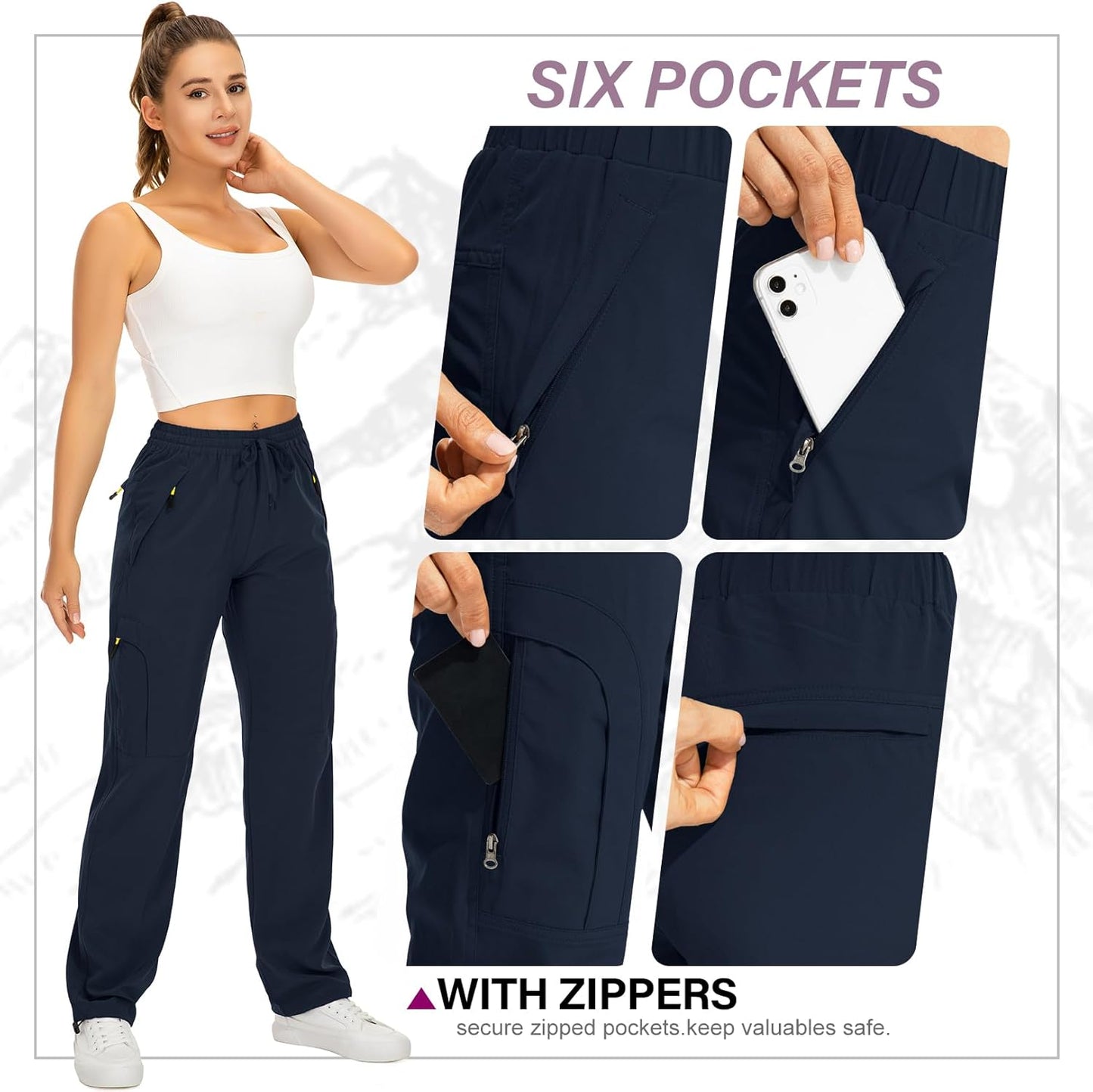 Womens Hiking Pants Quick Dry UPF 50 Lightweight Travel Golf Cargo Safari Pants Zipper Pockets