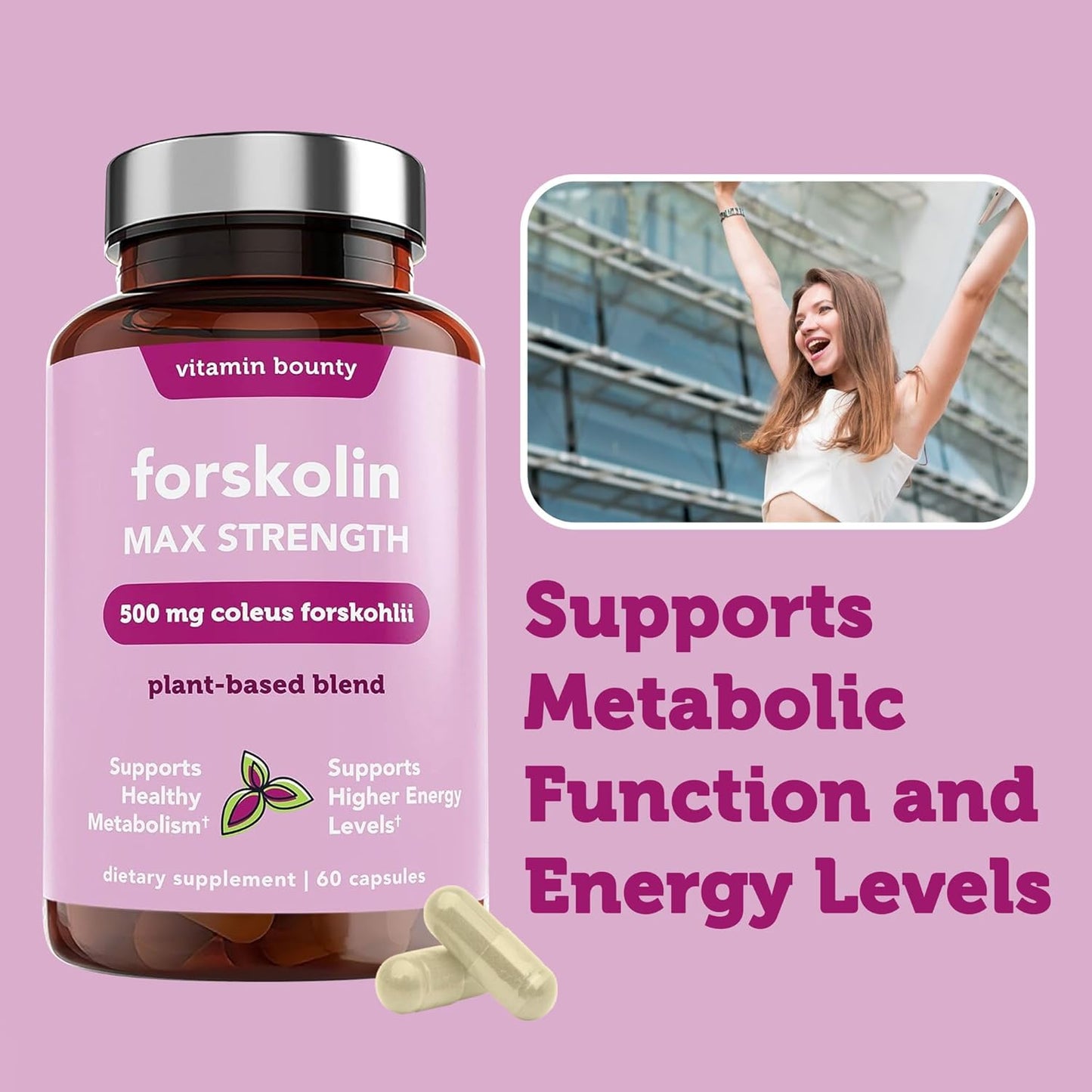 Vitamin Bounty Forskolin Maximum Strength for Weight Loss - Natural Coleus Forskohlii Root Extract Supplement - 20% Standardized Forskolin Powder - Weight Management Support - 60 Capsules