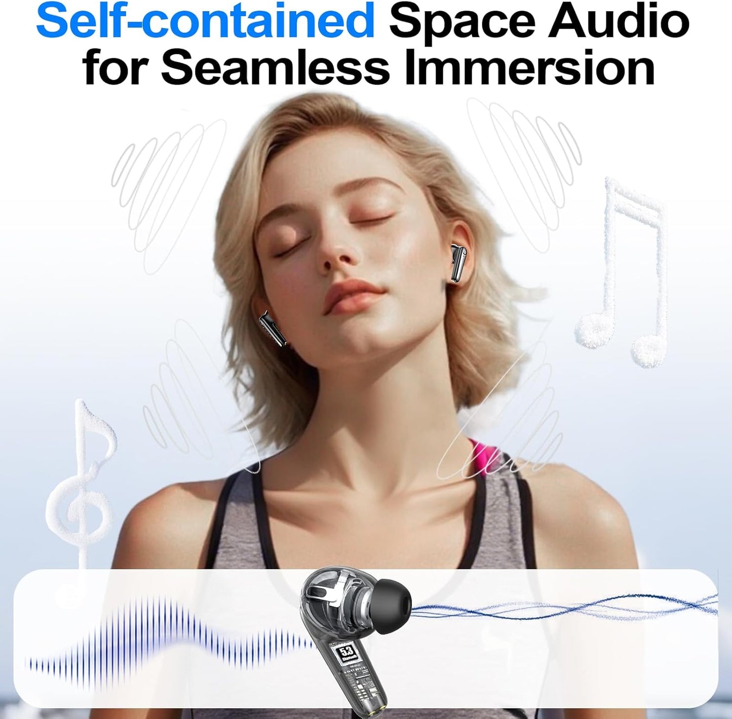 kurdene Wireless Earbuds Bluetooth 5.4 Headphones 60H Playtime Deep Bass Stereo Ear Buds with Mic Comfort Lightweight in Ear Earphones for Workout/Running Charcoal