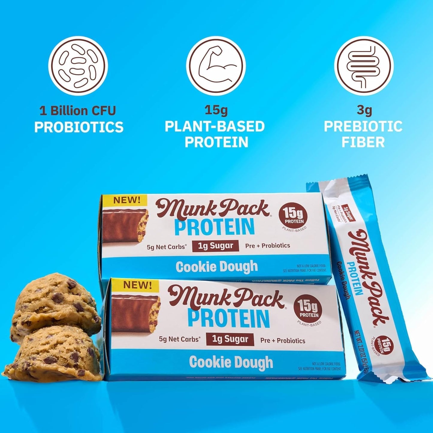 Munk Pack 15g Probiotic Keto Protein Bars - Low Sugar, High Protein -1g Sugar, 4g Net Carbs. Vegan + Plant Based Gut Health. Low Carb Healthy Snack Bar. Sampler Pack - 5 Count