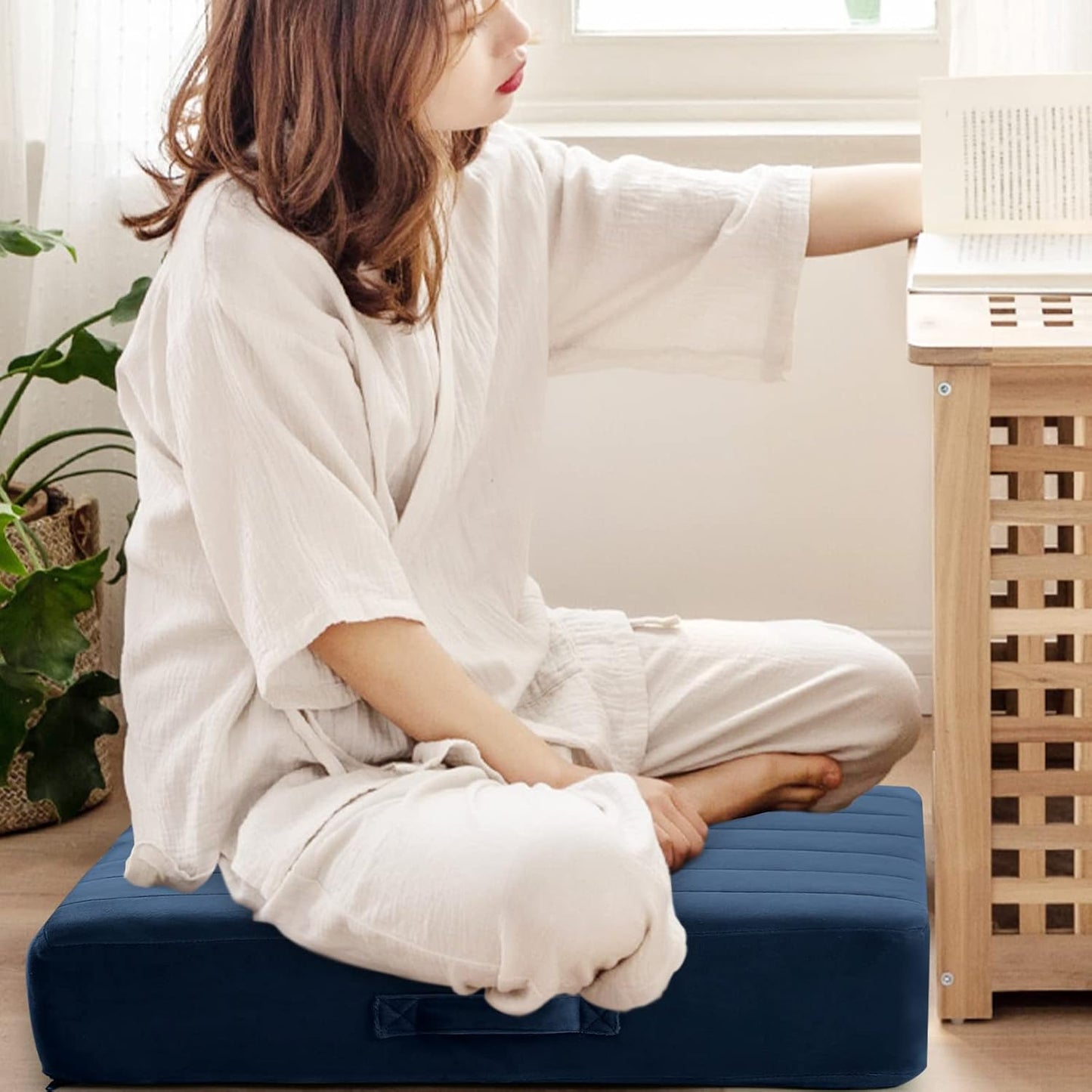 MeMoreCool Square Floor Pillow Seating for Adults Kids, Large Meditation Cushion Floor Pillow with Thick Foam & Soft Tufted Cover, Washable Big Pillow Seat Floor Cushion for Sitting Yoga 22" Navy