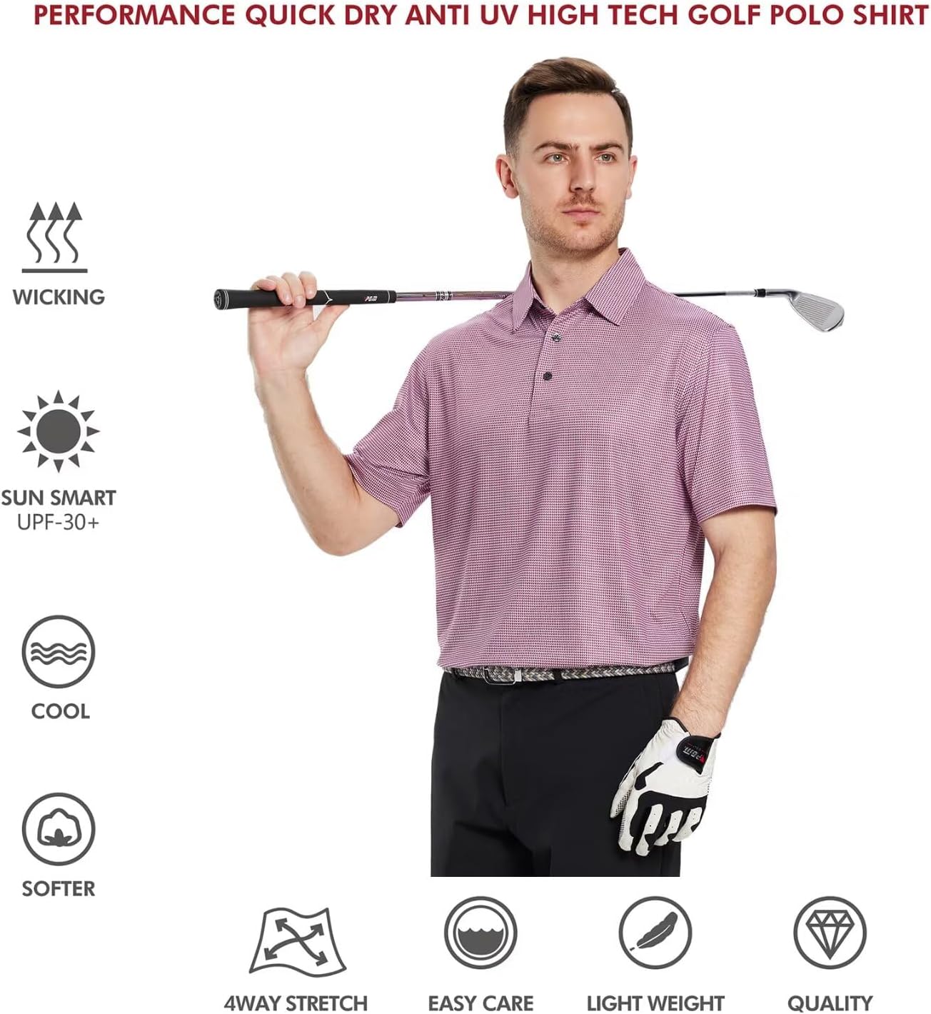 Men's Golf Polo Shirts Short Sleeve Striped Performance Moisture Wicking Dry Fit Golf Shirts for Men