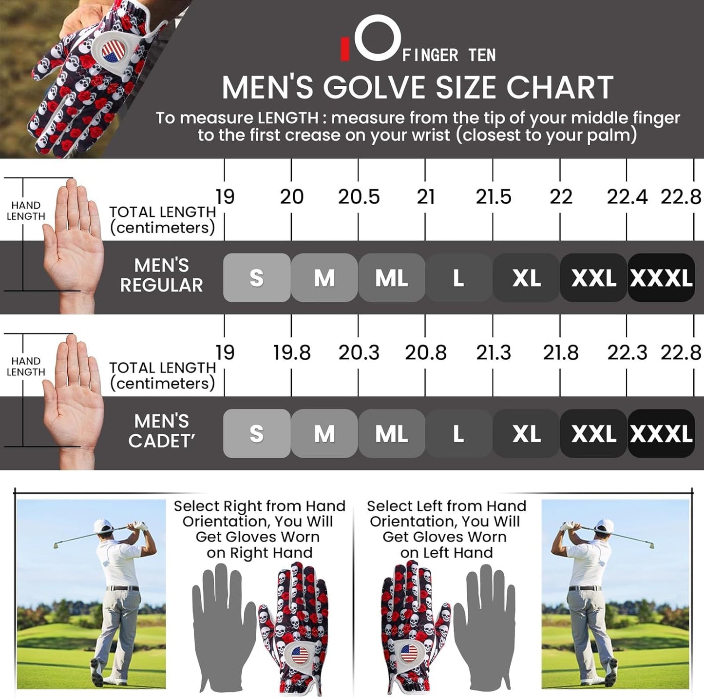 FINGER TEN Golf Gloves Men Left Hand Right with Ball Marker USA Flag Blue Camo Plaid Pack, Mens Leather Golf Glove All Weather Grip Small Medium ML Large XL